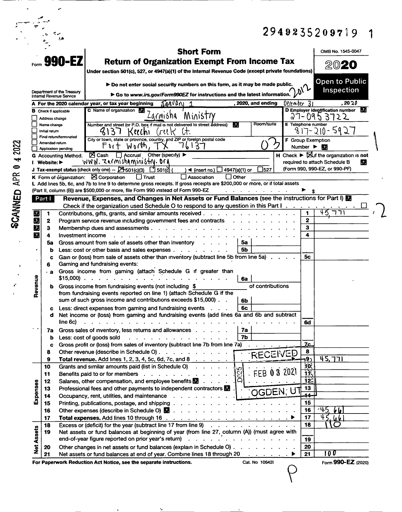 Image of first page of 2020 Form 990EZ for Zarmisha Ministry