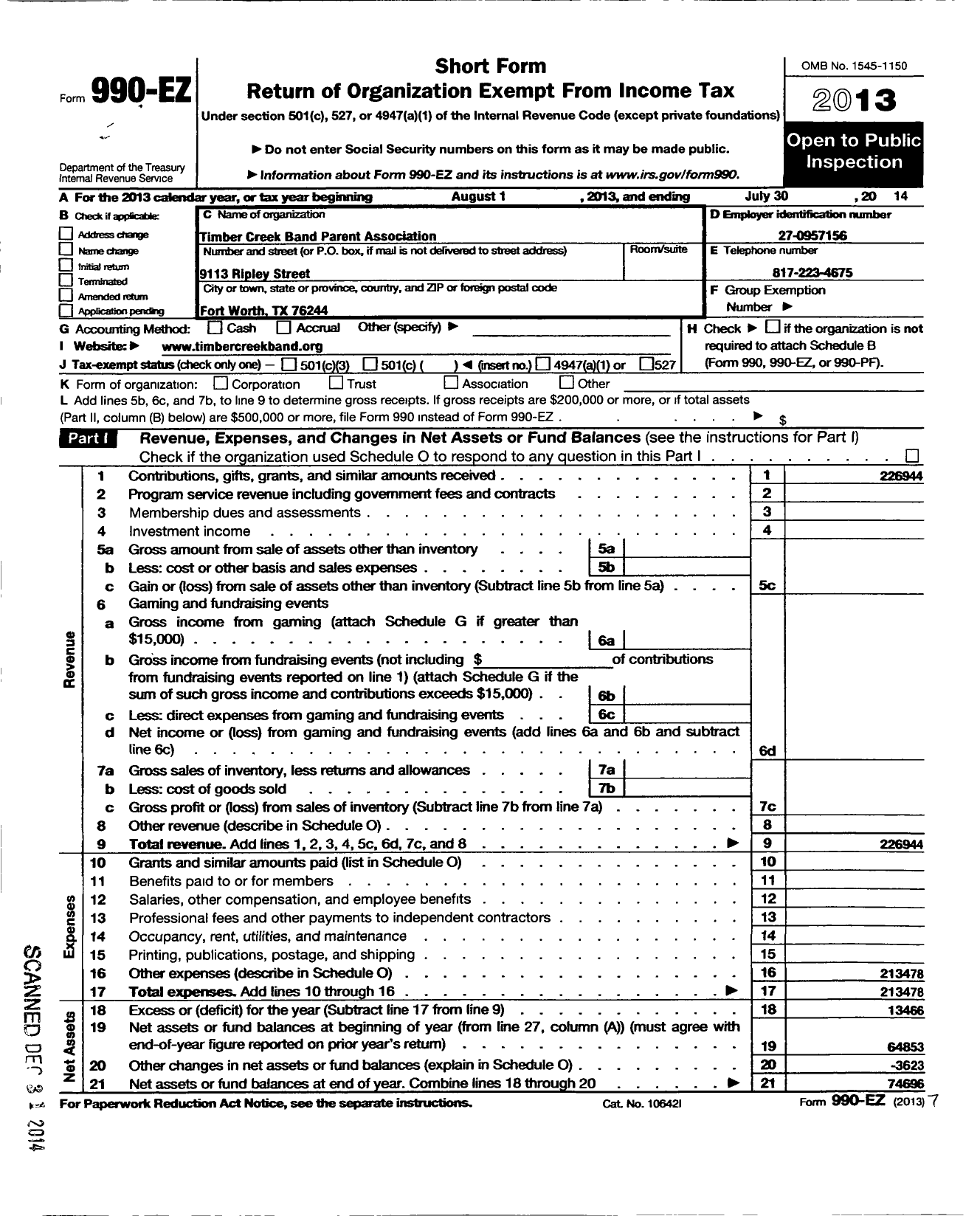 Image of first page of 2013 Form 990EO for Timber Creek Band Parent Association