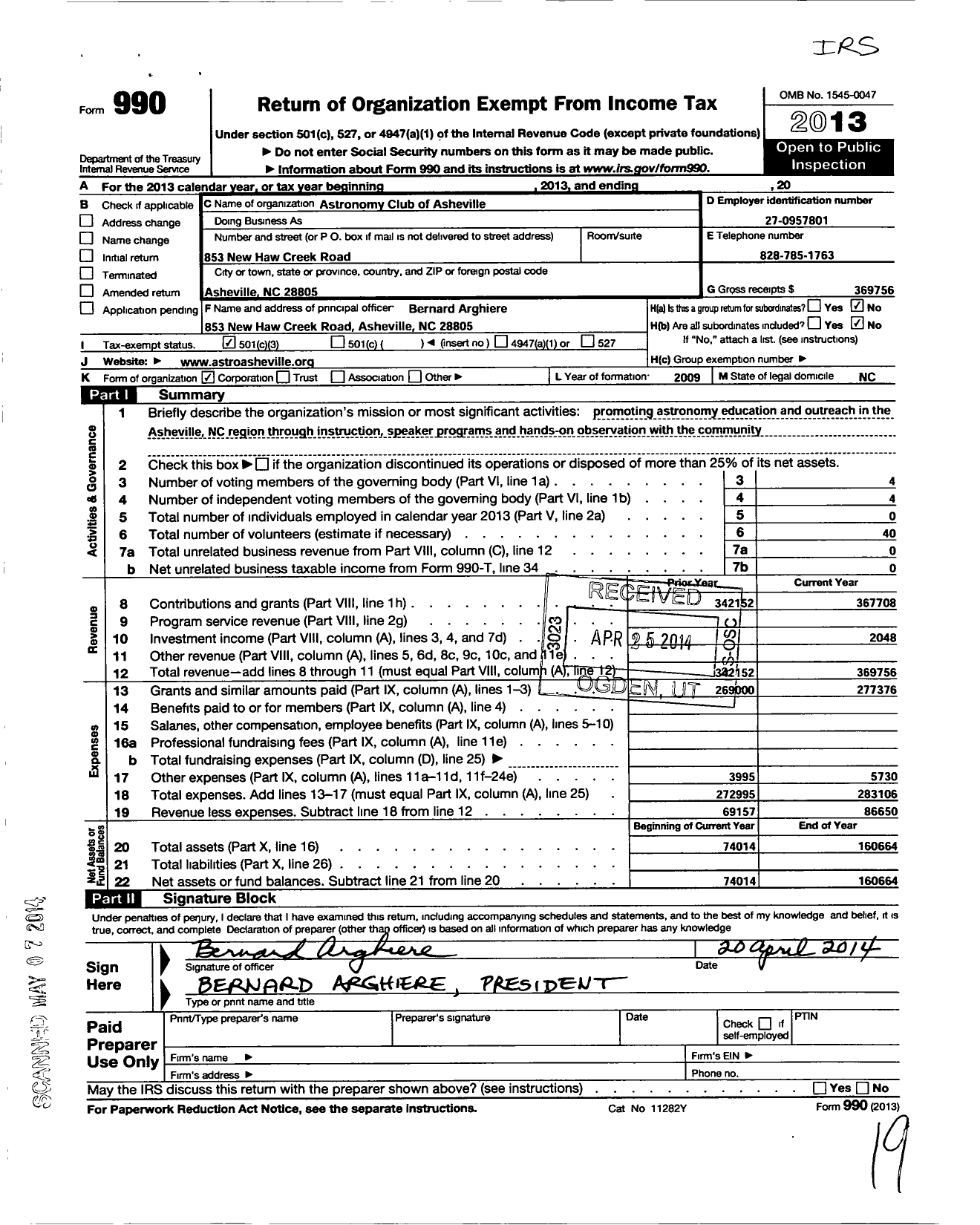 Image of first page of 2013 Form 990 for Astronomy Club of Asheville