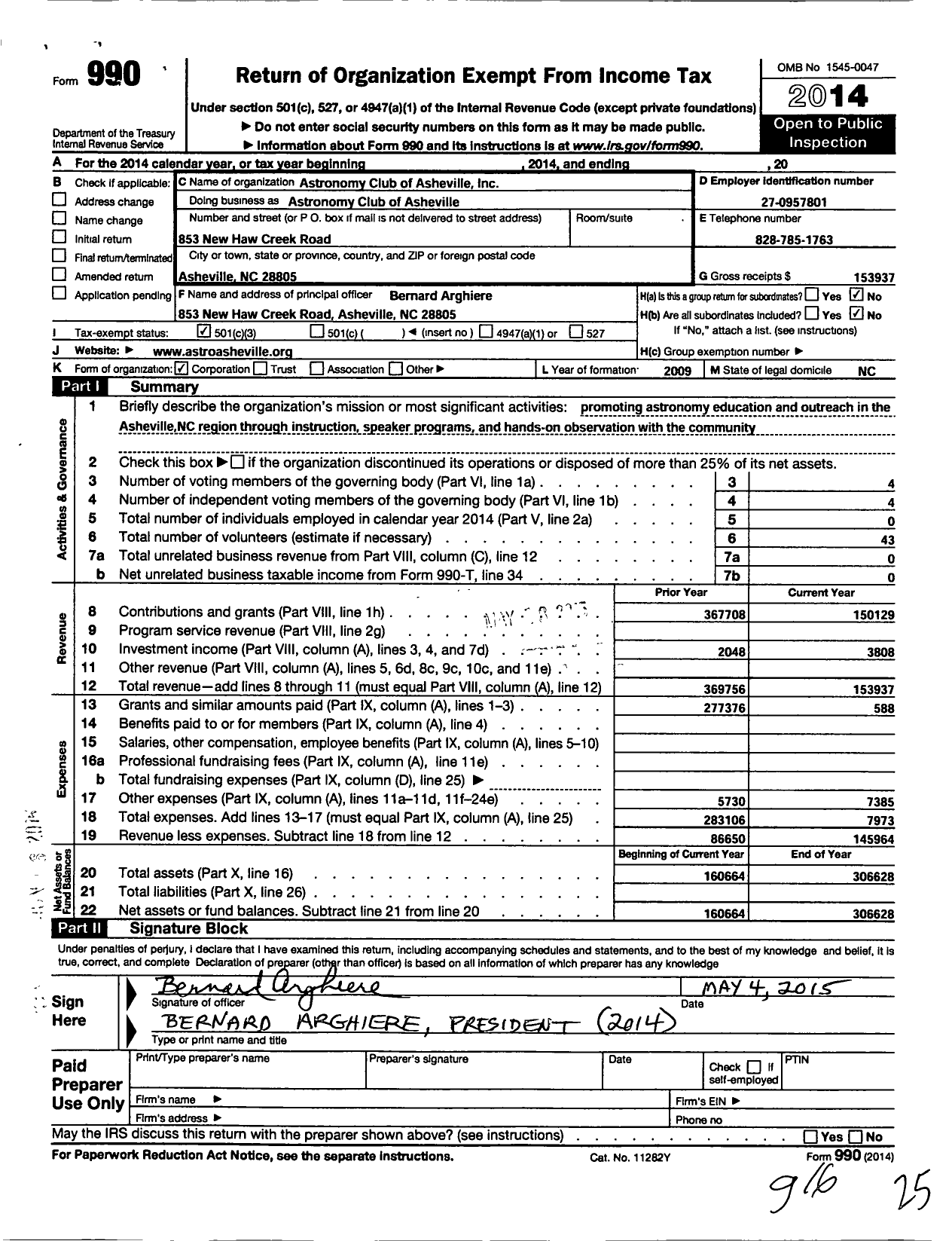 Image of first page of 2014 Form 990 for Astronomy Club of Asheville