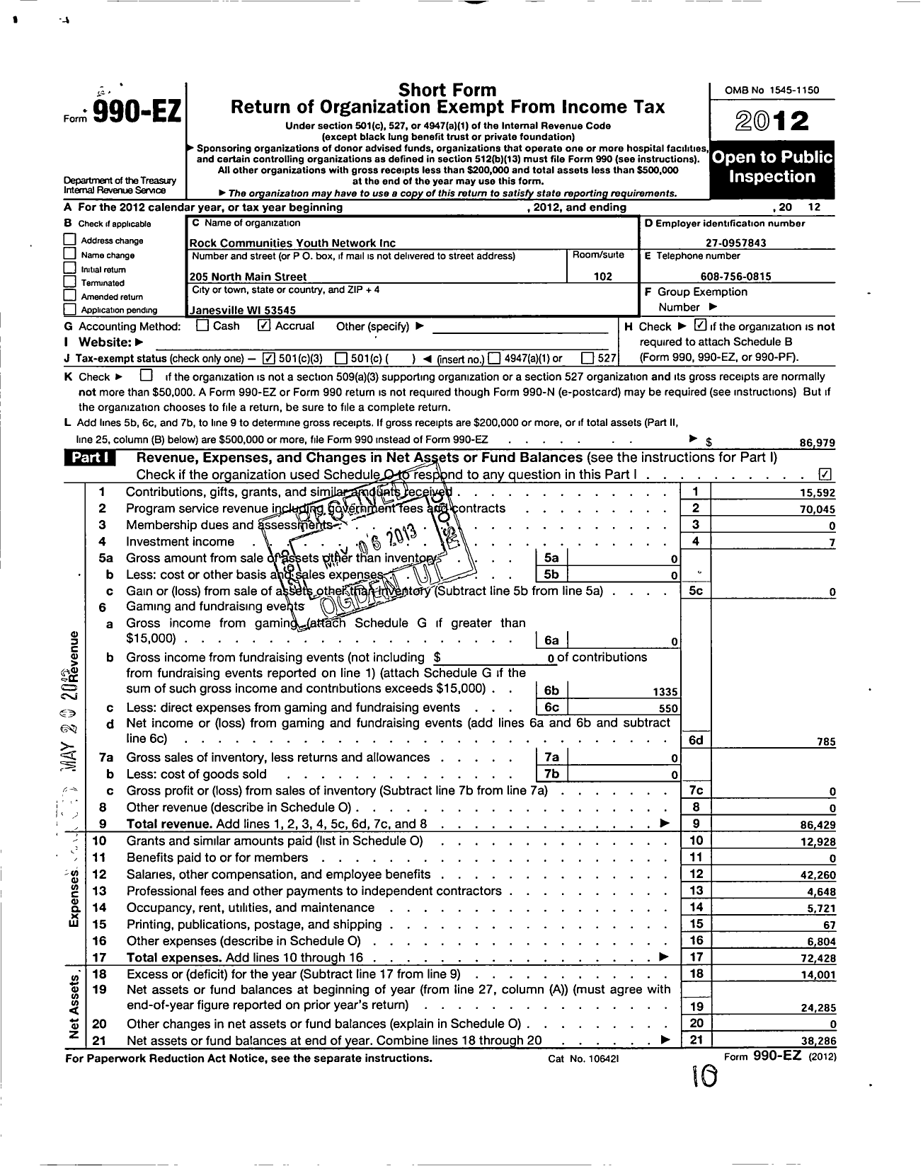 Image of first page of 2012 Form 990EZ for Rock Communities Youth Network