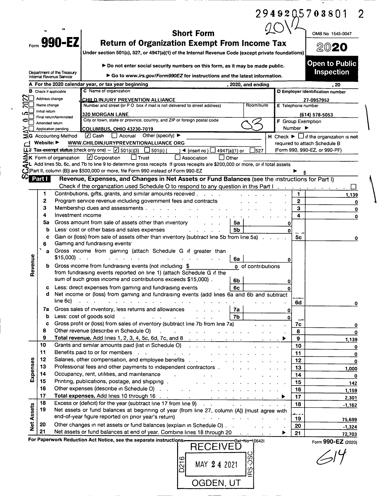 Image of first page of 2020 Form 990EZ for Child Injury Prevention Alliance