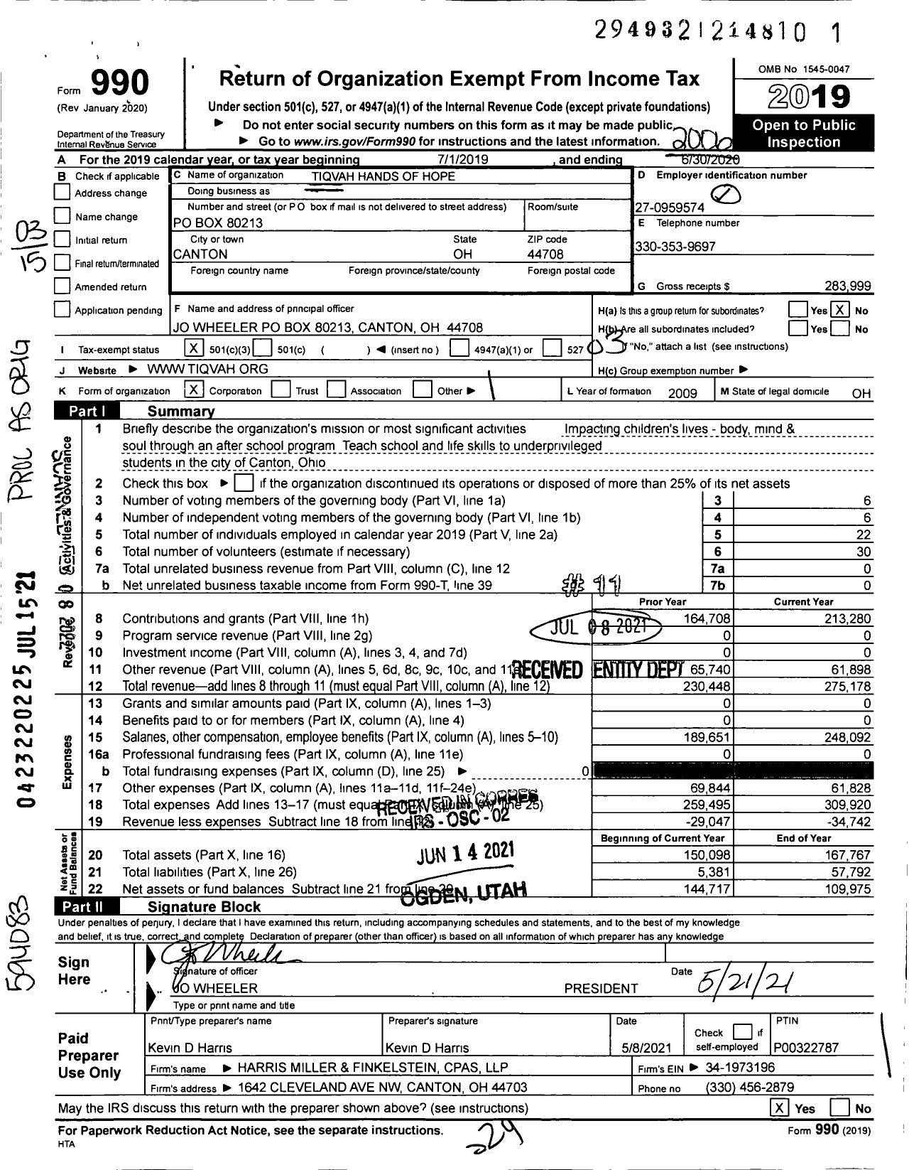 Image of first page of 2019 Form 990 for Tiqvah Hands of Hope