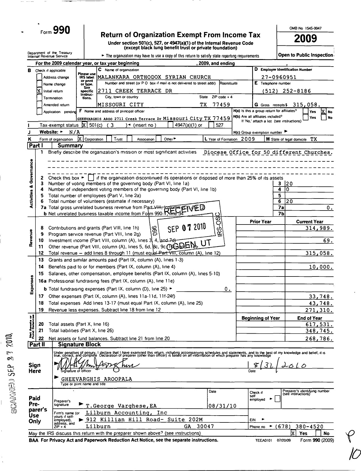 Image of first page of 2009 Form 990 for Malankara Orthodox Syrian Church Diocese of South-West America