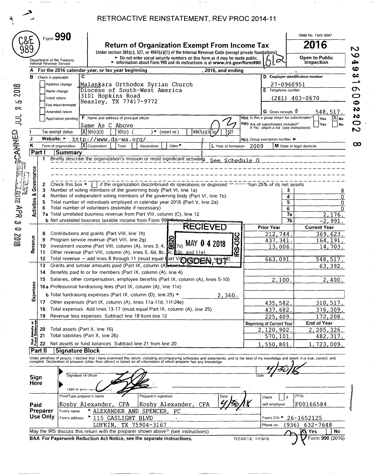 Image of first page of 2016 Form 990 for Malankara Orthodox Syrian Church Diocese of South-West America