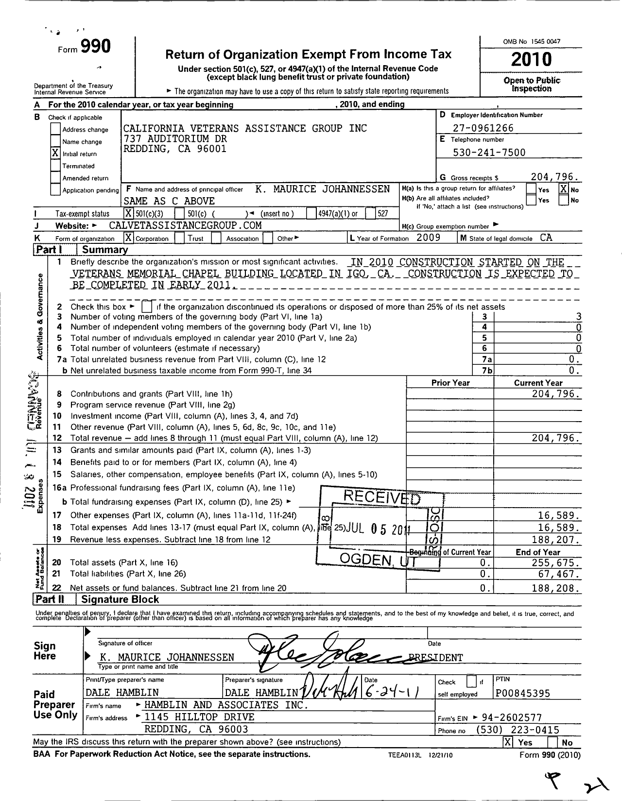 Image of first page of 2010 Form 990 for California Veterans Assistance Group