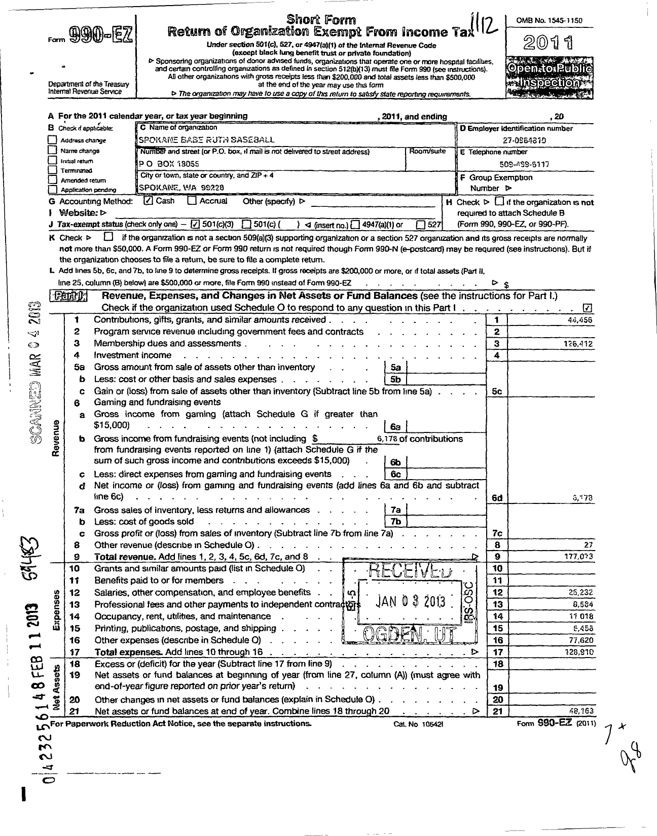 Image of first page of 2011 Form 990EZ for Spokane American Baseball Association