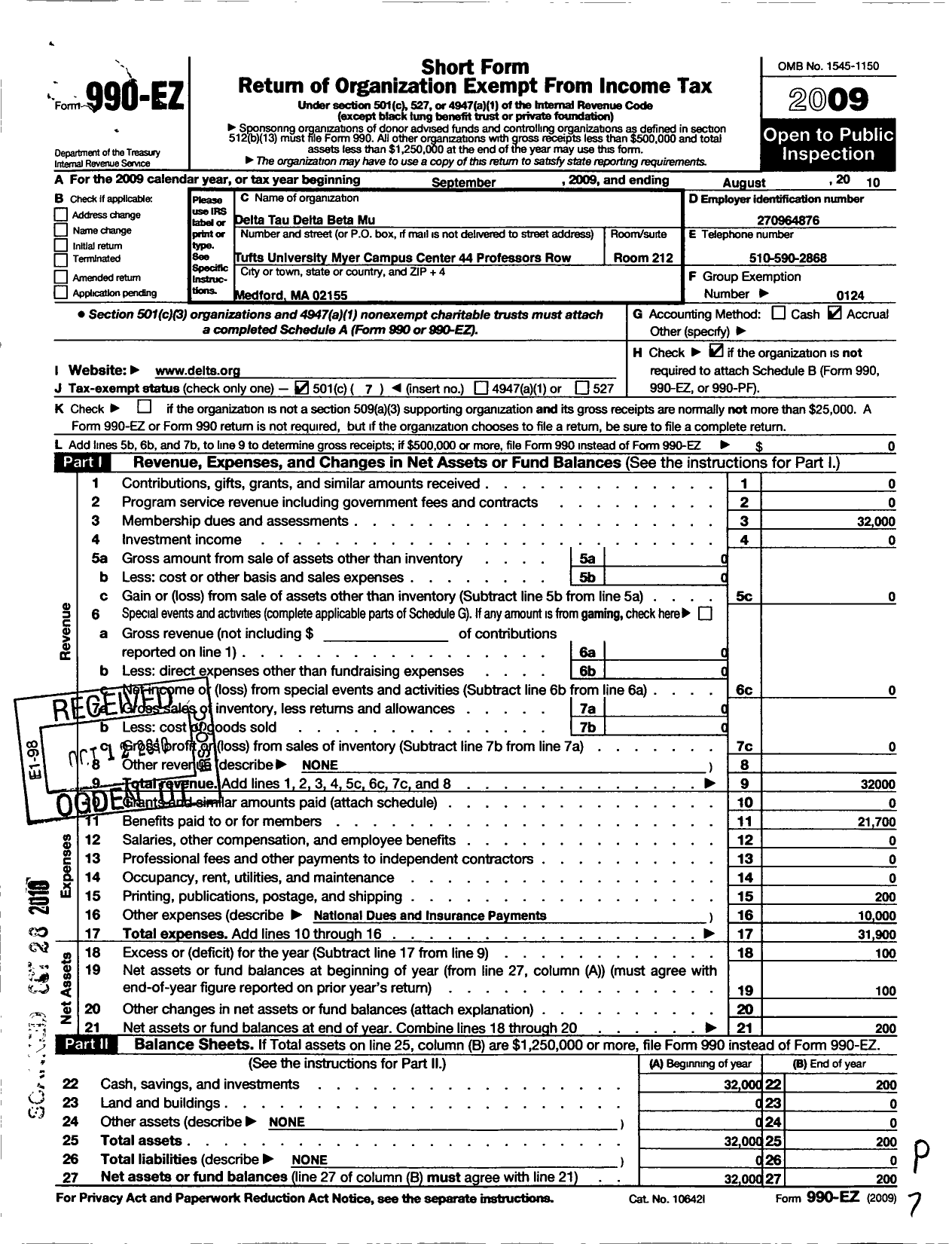 Image of first page of 2009 Form 990EO for Delta Tau Delta Fraternity - Beta Mu Chapter