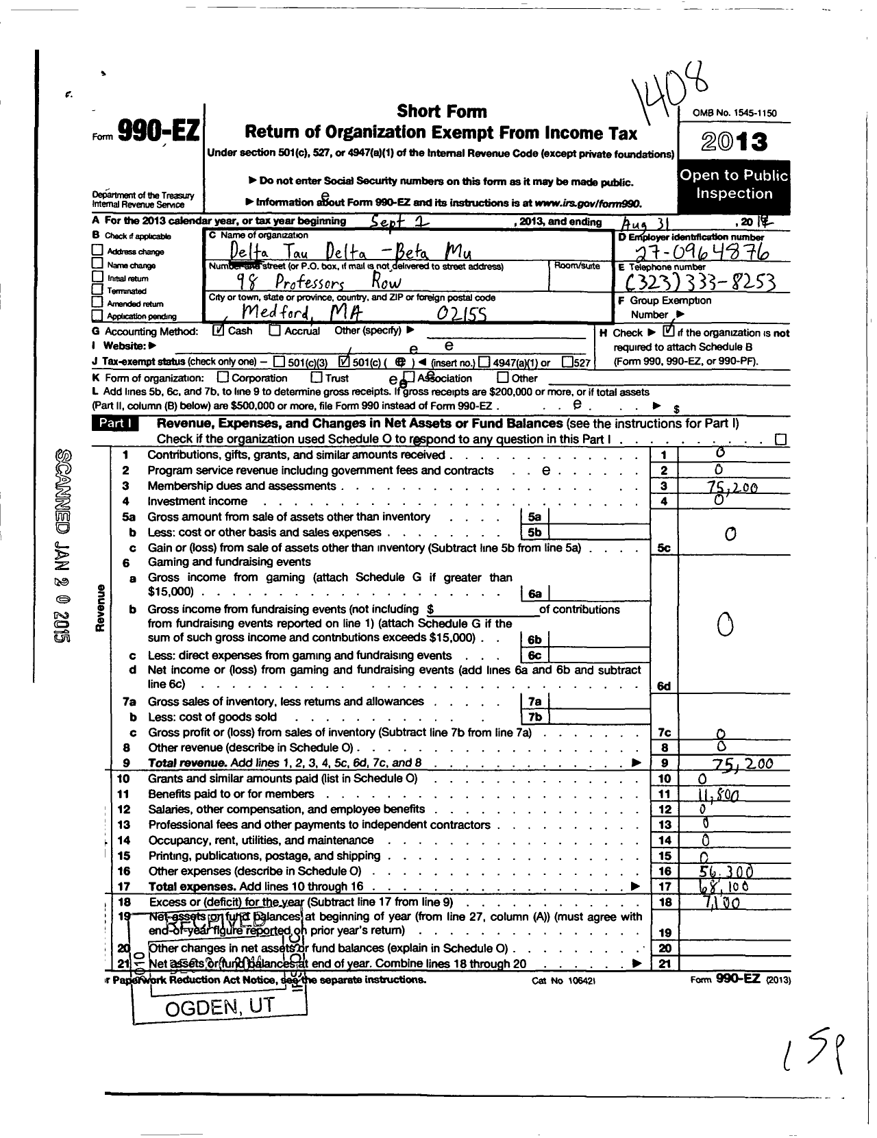 Image of first page of 2013 Form 990EO for Delta Tau Delta Fraternity - Beta Mu Chapter