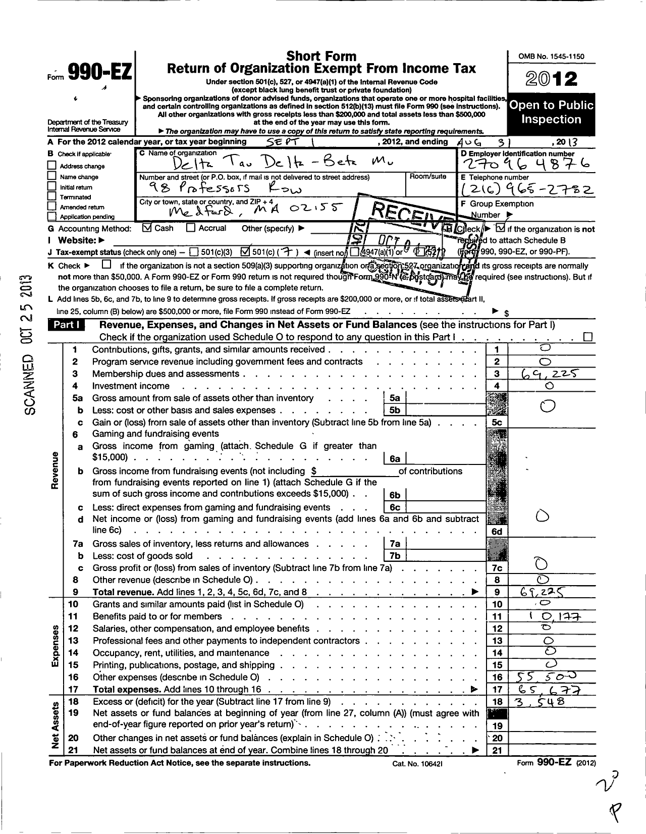 Image of first page of 2012 Form 990EO for Delta Tau Delta Fraternity - Beta Mu Chapter