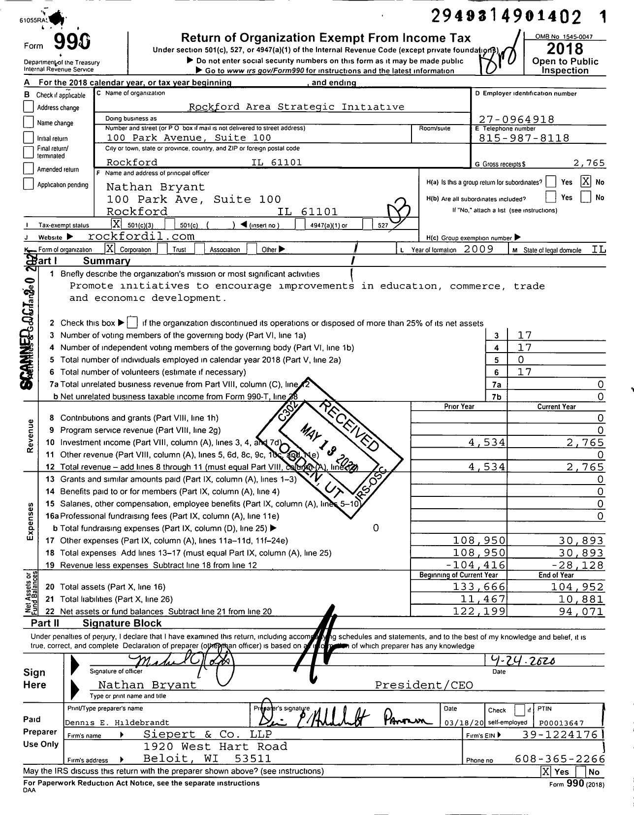 Image of first page of 2018 Form 990 for Rockford Area Strategic Initiatives