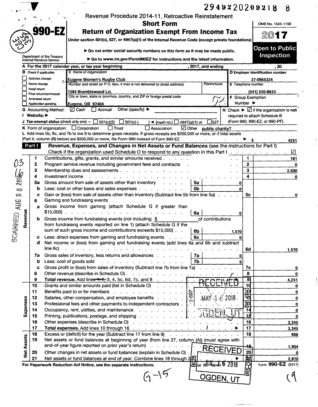 Image of first page of 2017 Form 990EZ for Eugene Womens Rugby Club