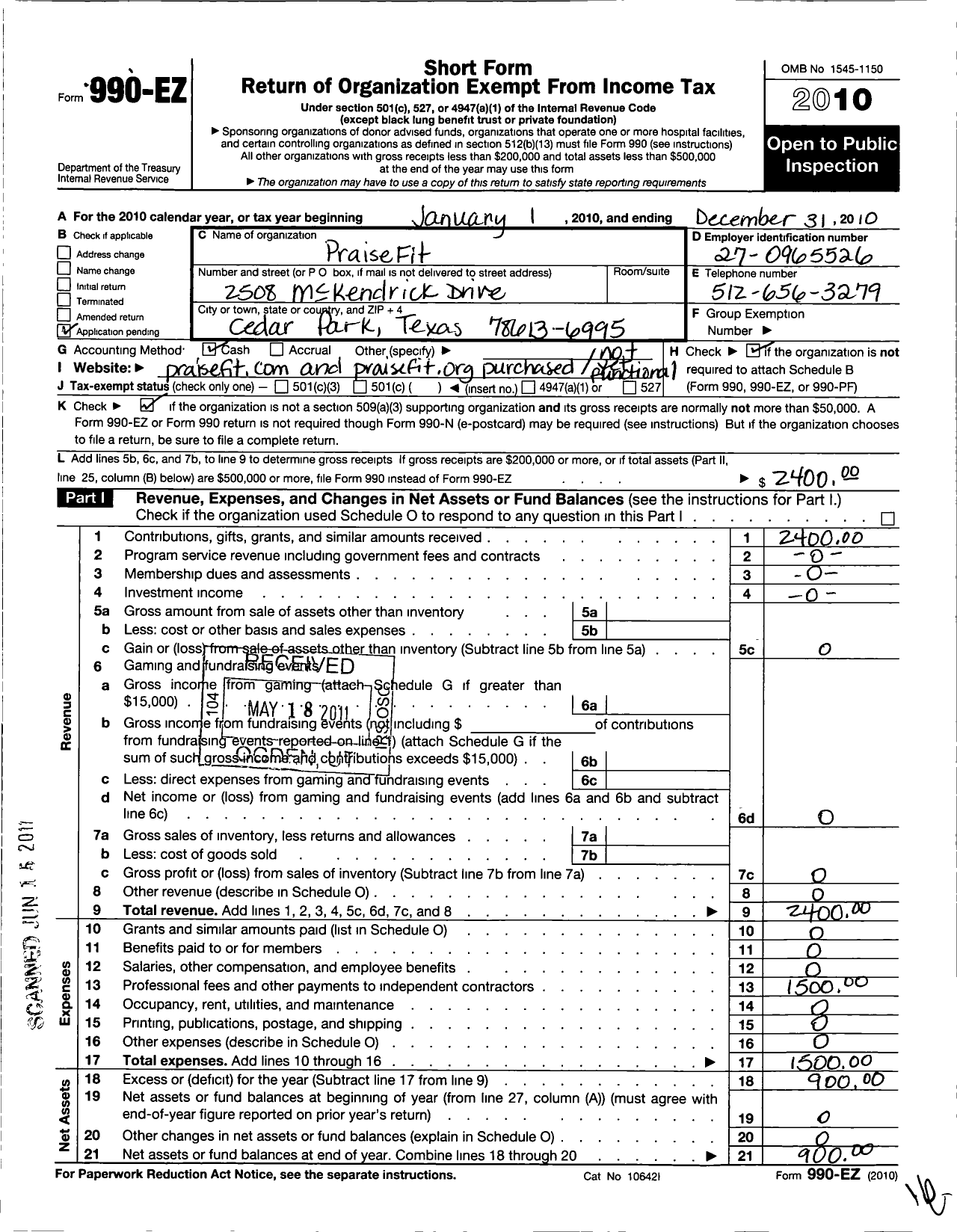 Image of first page of 2010 Form 990EO for Praisefit