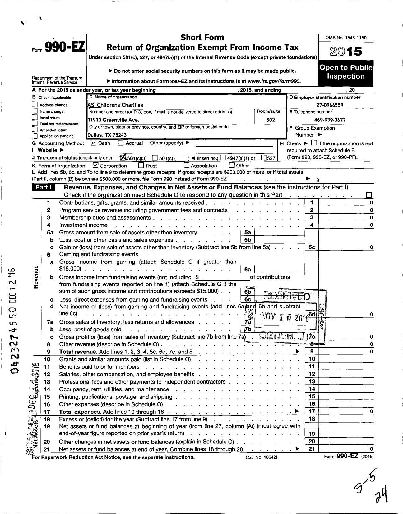 Image of first page of 2015 Form 990EZ for Asi Childrens Charities