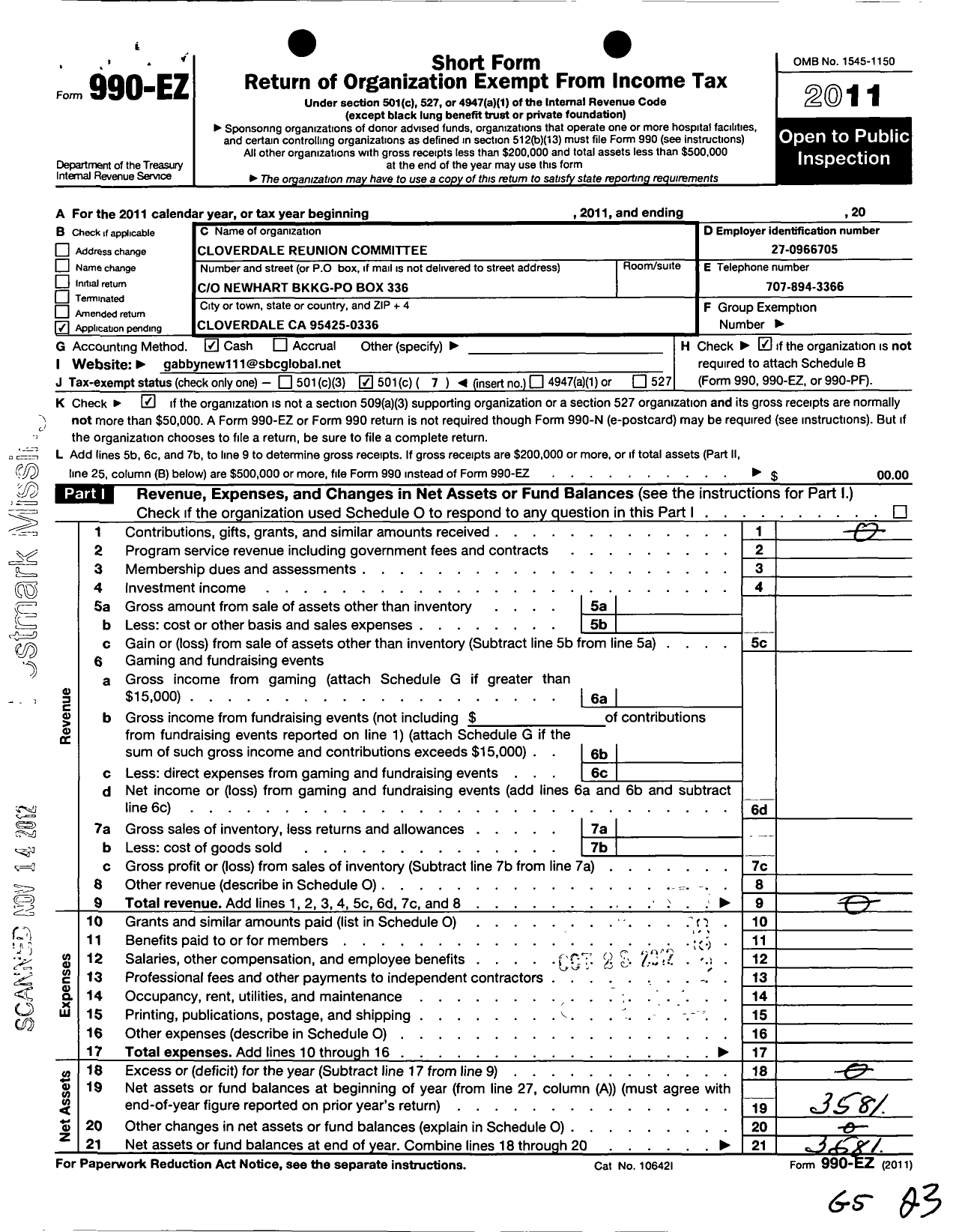 Image of first page of 2011 Form 990EO for Cloverdale Reunion Committee