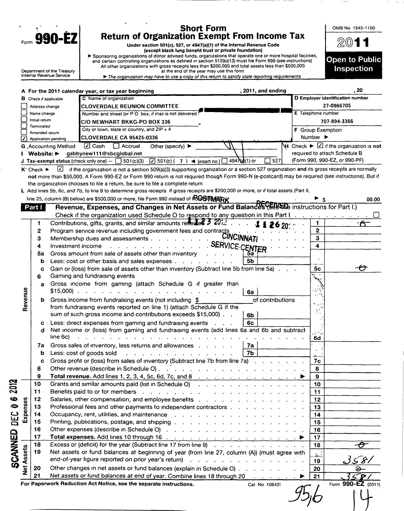 Image of first page of 2011 Form 990EO for Cloverdale Reunion Committee