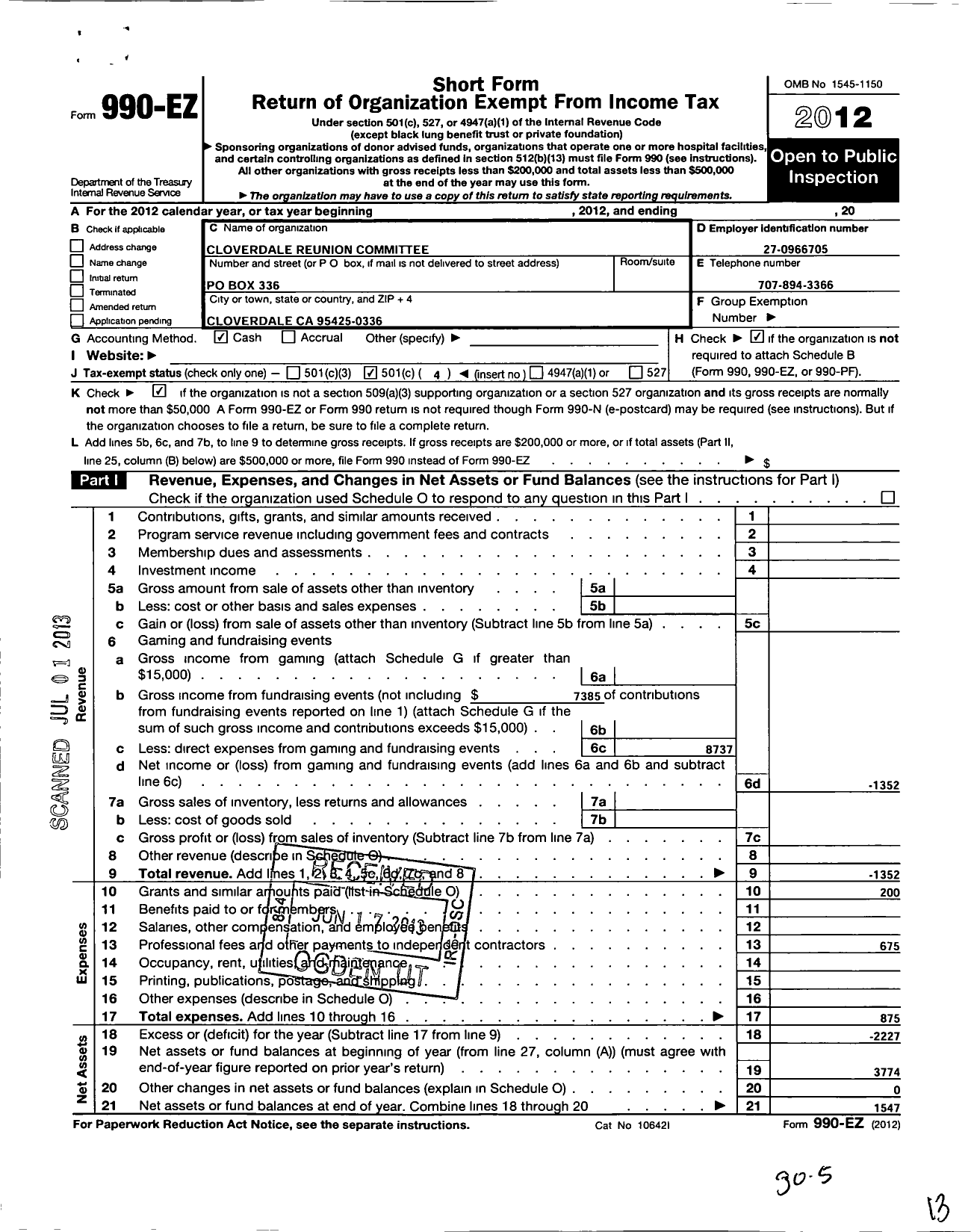 Image of first page of 2012 Form 990EO for Cloverdale Reunion Committee