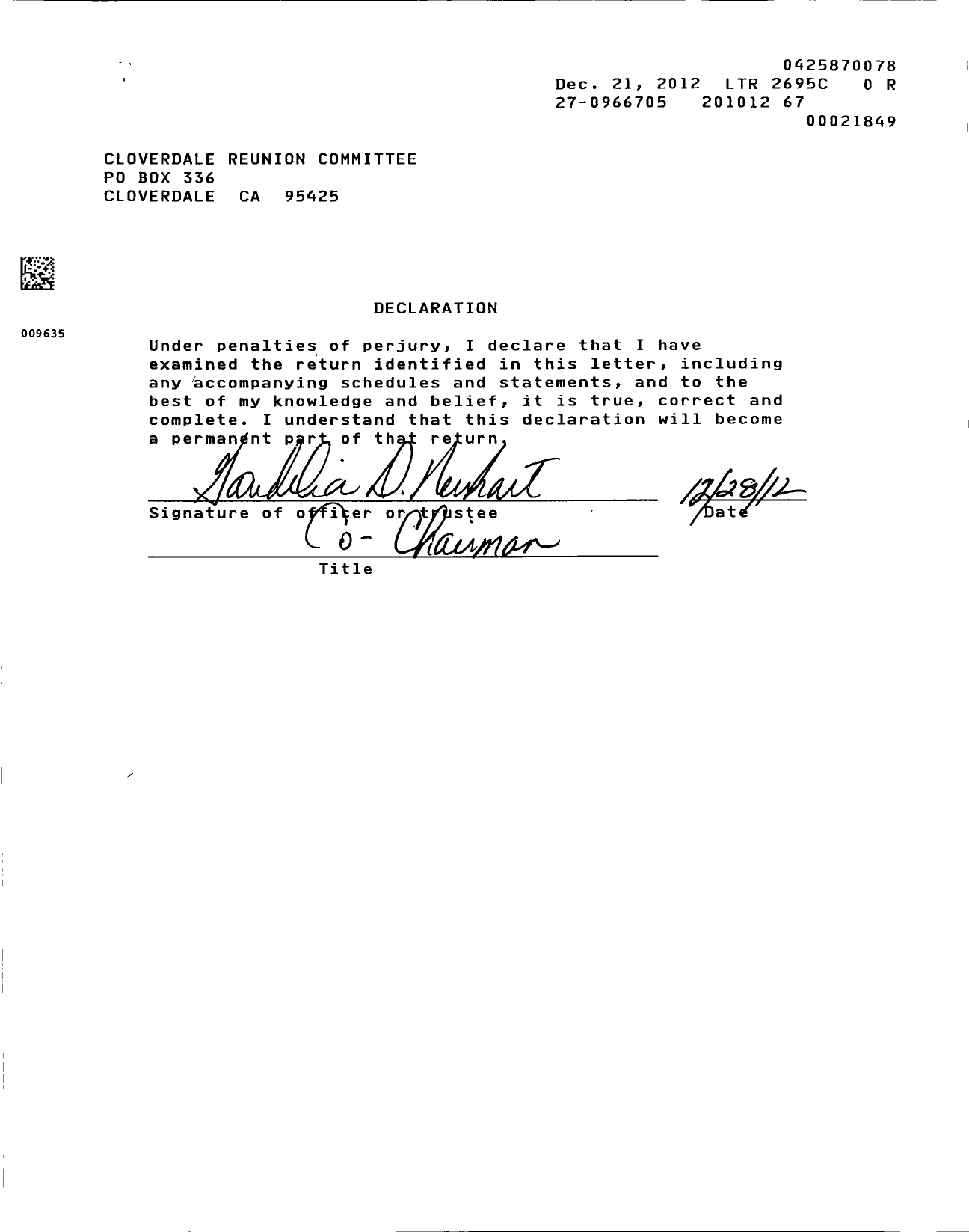 Image of first page of 2010 Form 990EOR for Cloverdale Reunion Committee