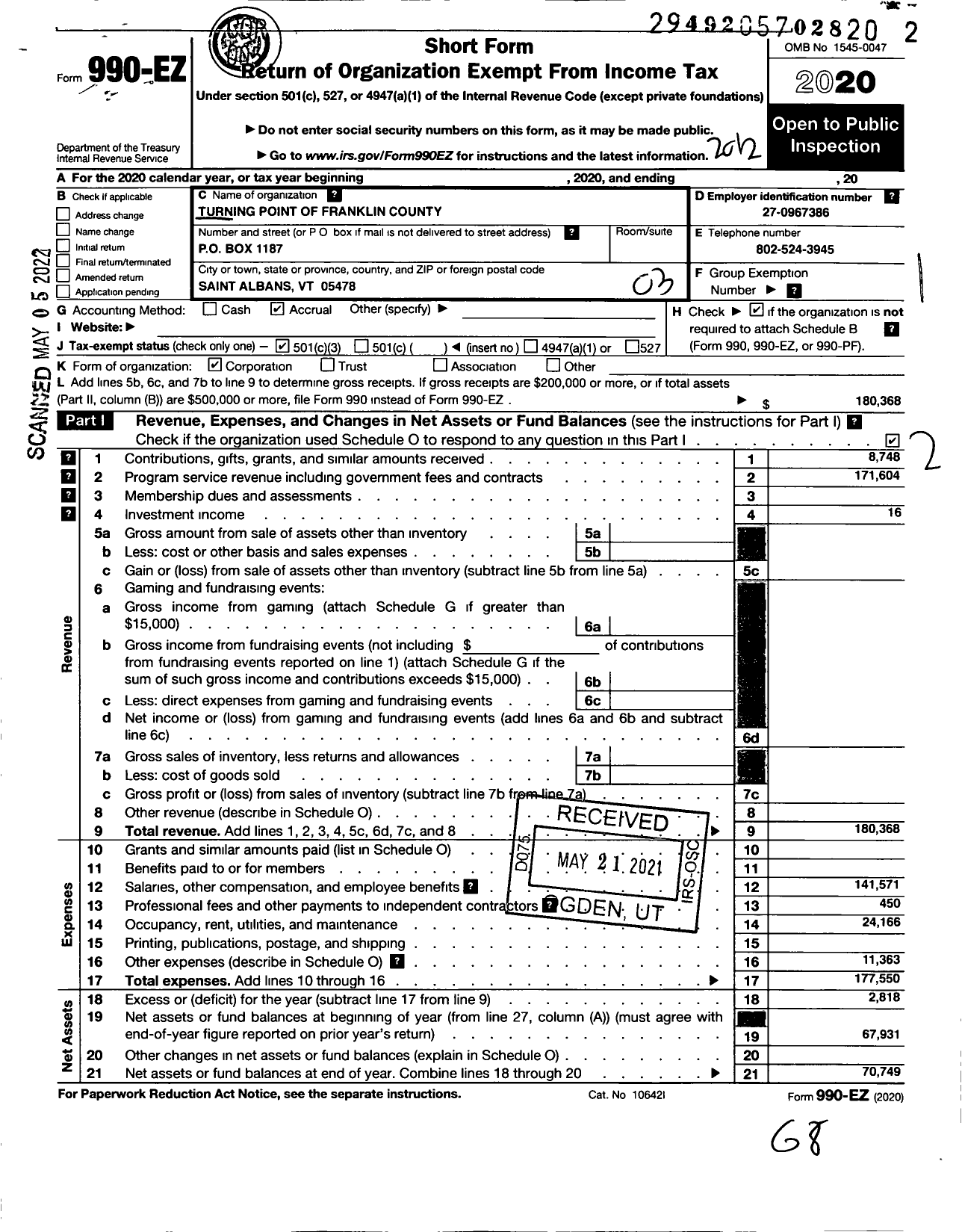 Image of first page of 2020 Form 990EZ for Turning Point of Franklin County I