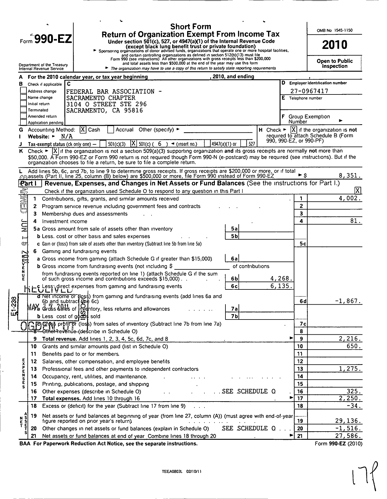 Image of first page of 2010 Form 990EO for Federal Bar Association Sacramento Chapter