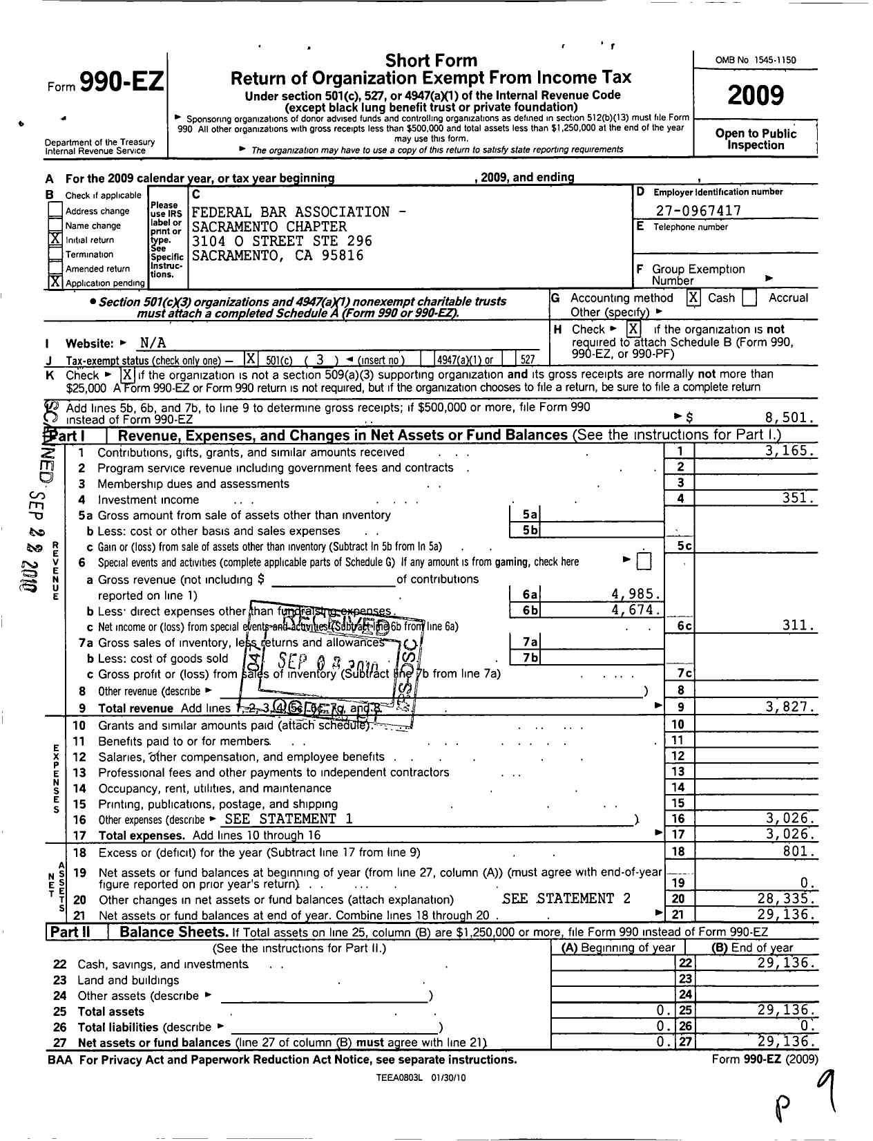 Image of first page of 2009 Form 990EZ for Federal Bar Association Sacramento Chapter