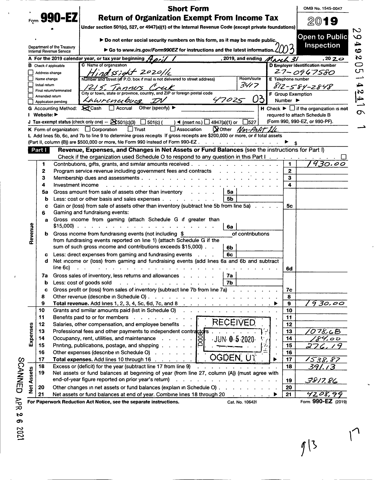 Image of first page of 2019 Form 990EZ for Hindssight 2020 LLC