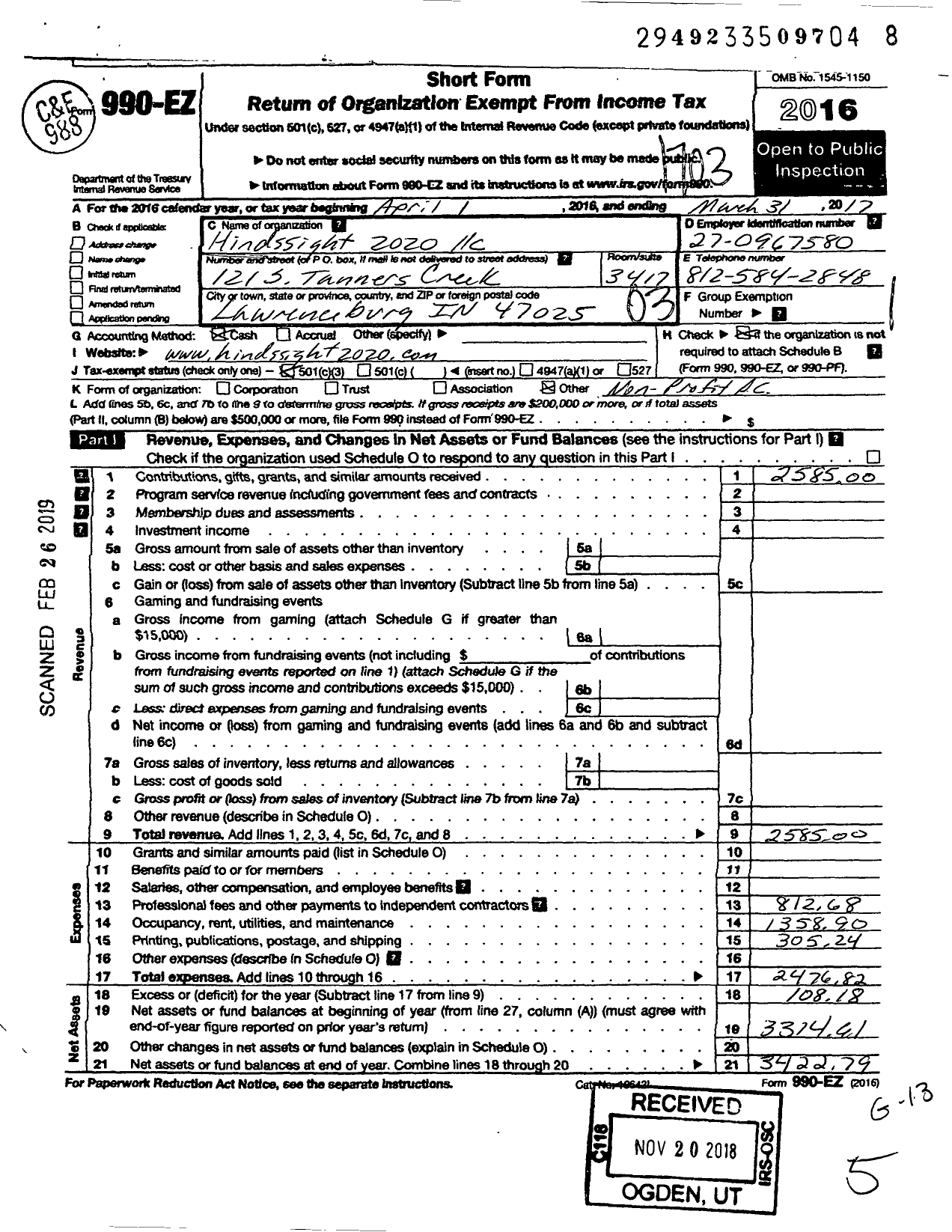 Image of first page of 2016 Form 990EZ for Hindssight 2020 LLC