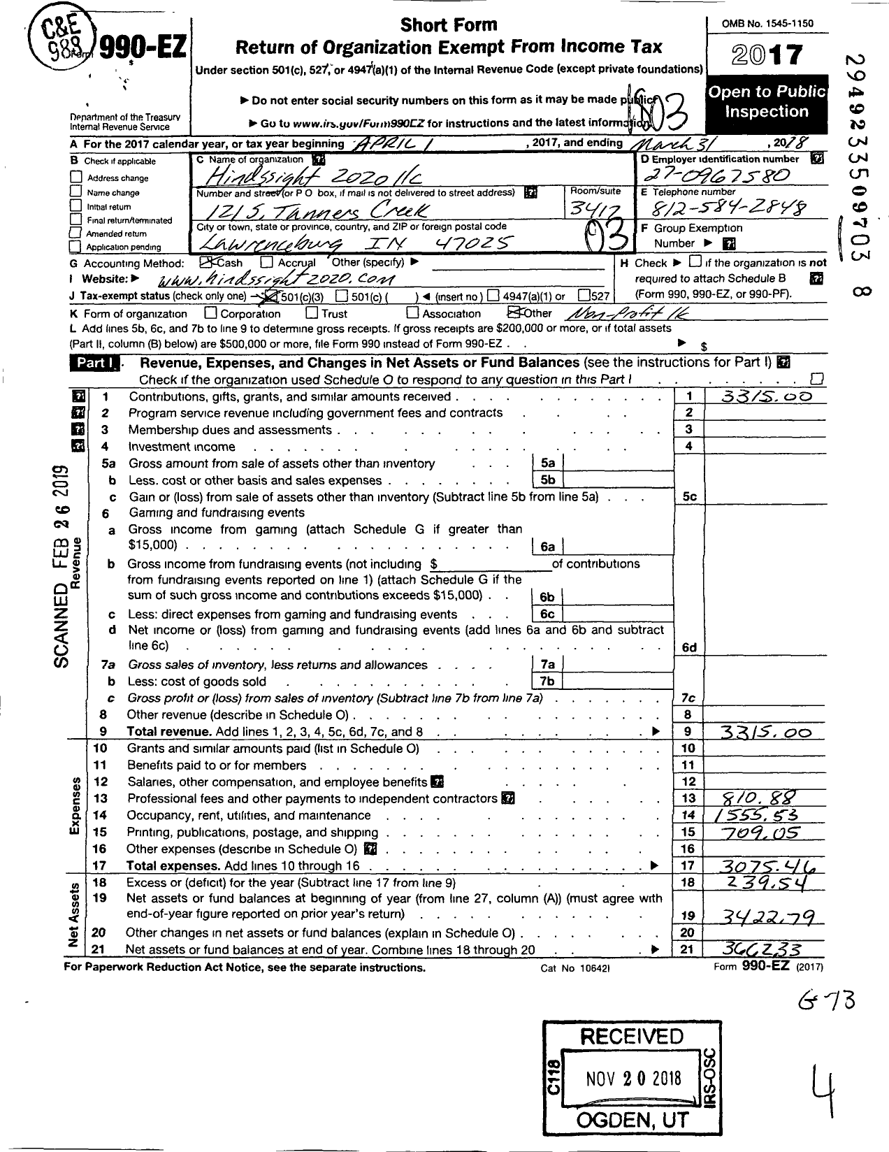 Image of first page of 2017 Form 990EZ for Hindssight 2020 LLC