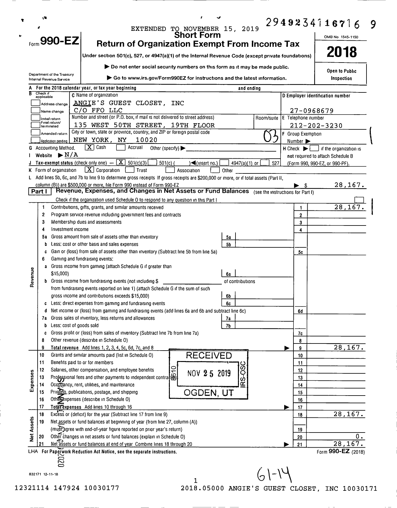 Image of first page of 2018 Form 990EZ for Angies Guest Closet