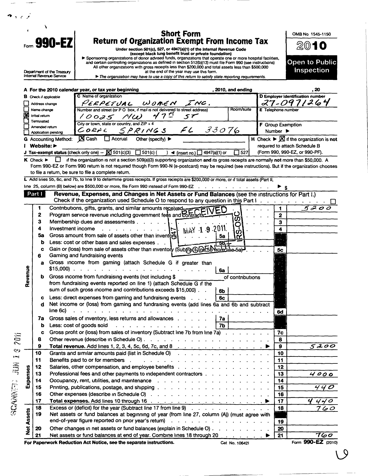 Image of first page of 2010 Form 990EZ for Perpetual Women