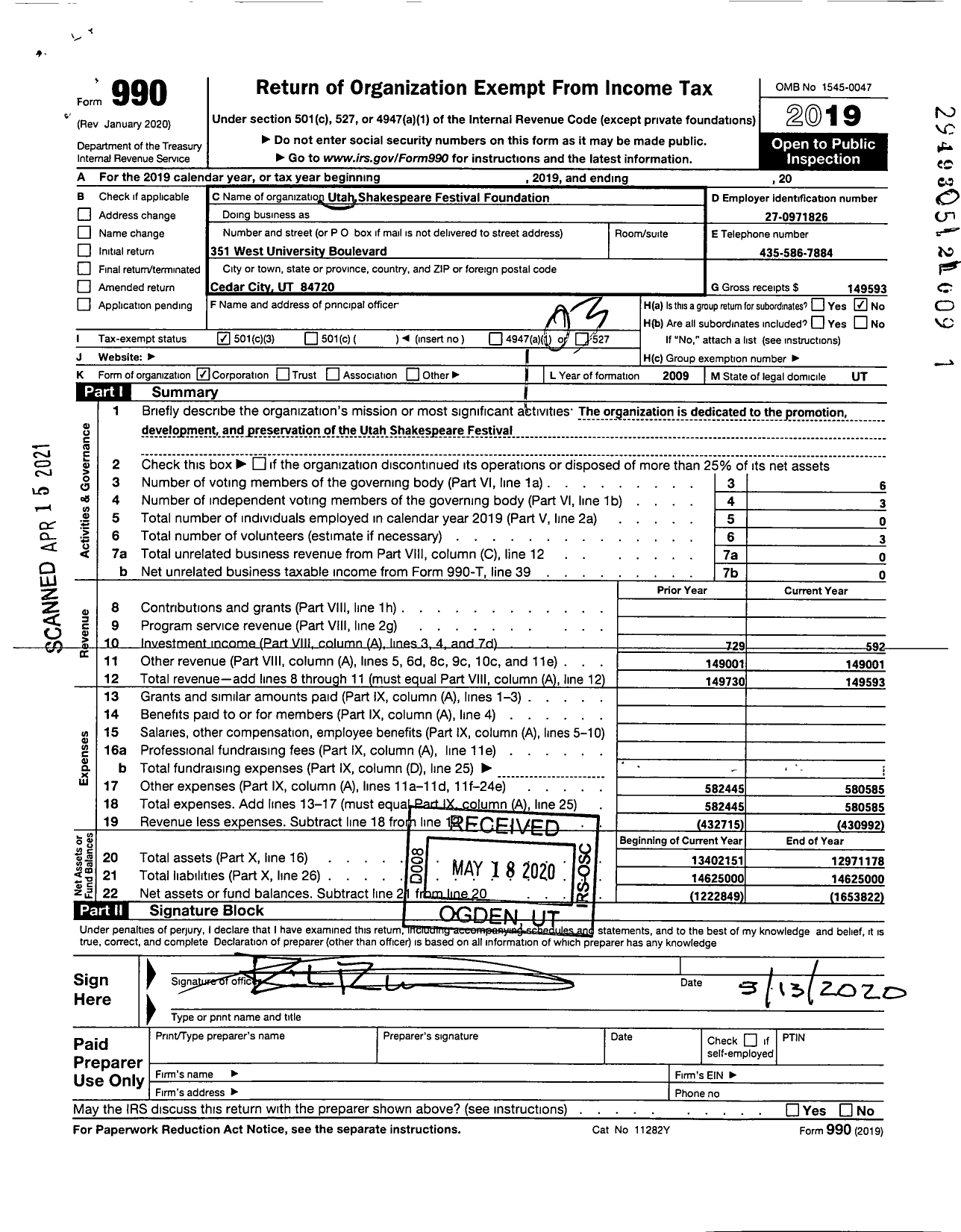 Image of first page of 2019 Form 990 for Utah Shakespeare Festival Foundation