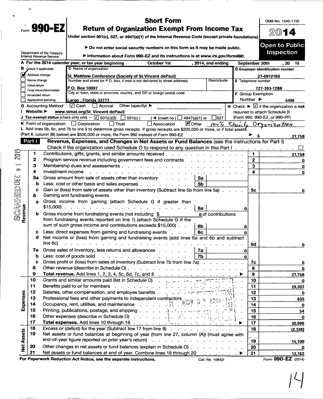 Image of first page of 2014 Form 990EZ for Society of St Vincent de Paul St Ma