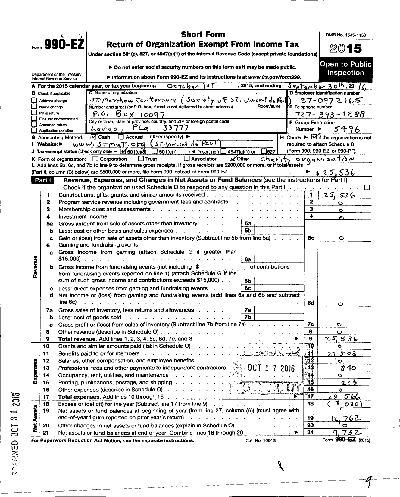 Image of first page of 2015 Form 990EZ for Society of St Vincent de Paul St Ma