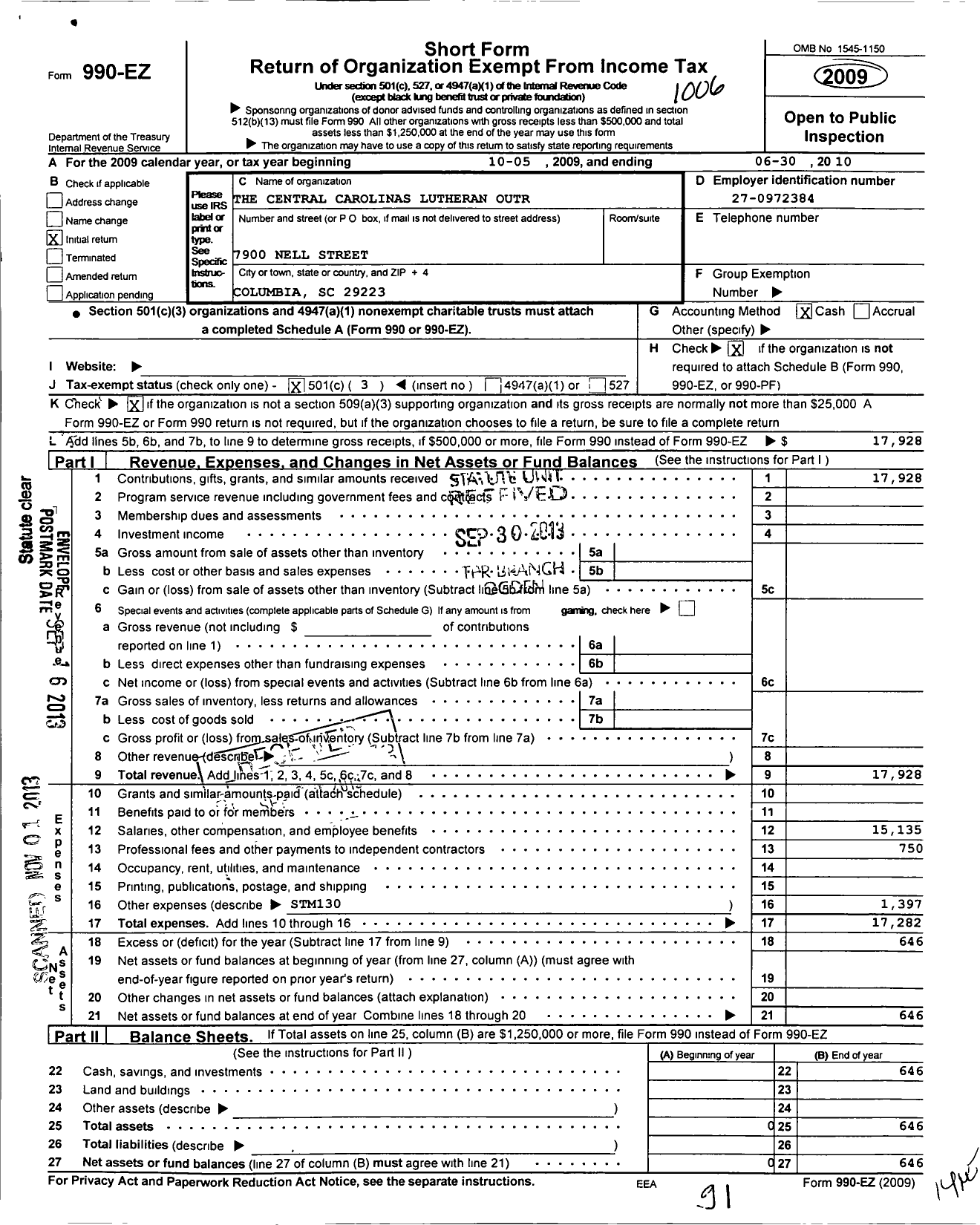 Image of first page of 2009 Form 990EZ for Central Carolinas Luteran Outr