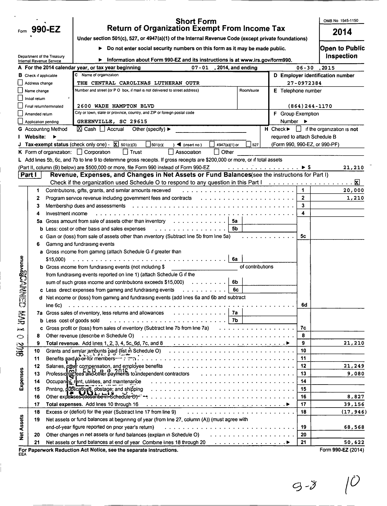 Image of first page of 2014 Form 990EZ for Central Carolinas Luteran Outr