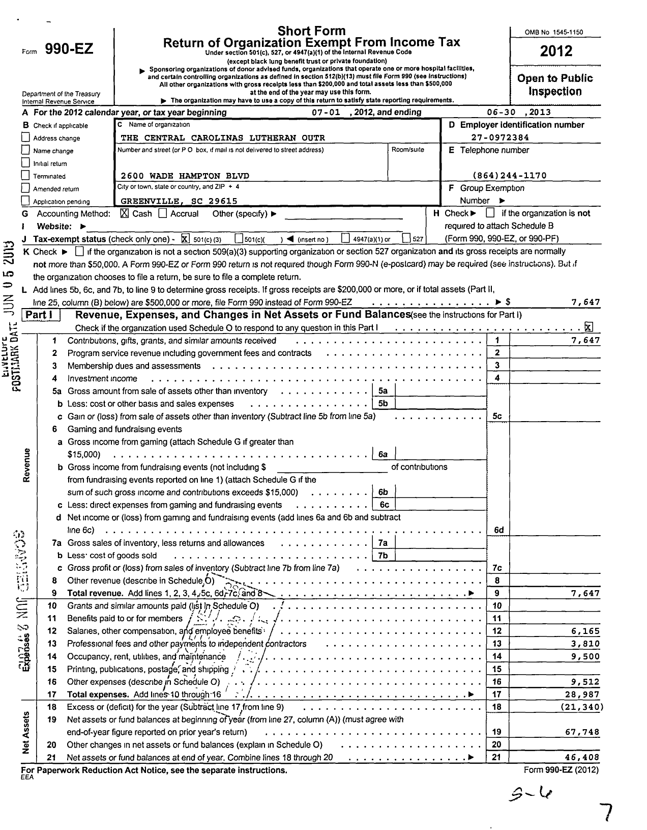 Image of first page of 2012 Form 990EZ for Central Carolinas Luteran Outr