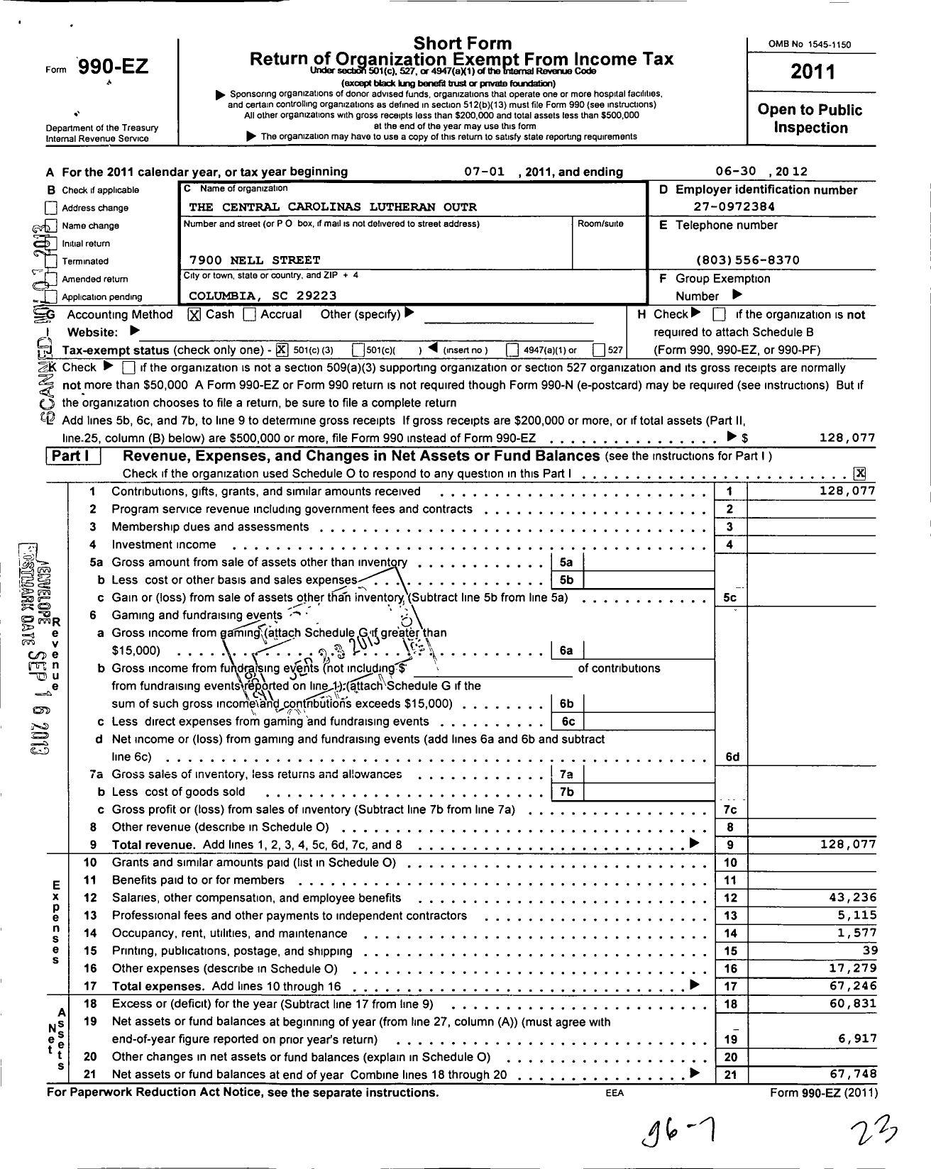 Image of first page of 2011 Form 990EZ for Central Carolinas Luteran Outr