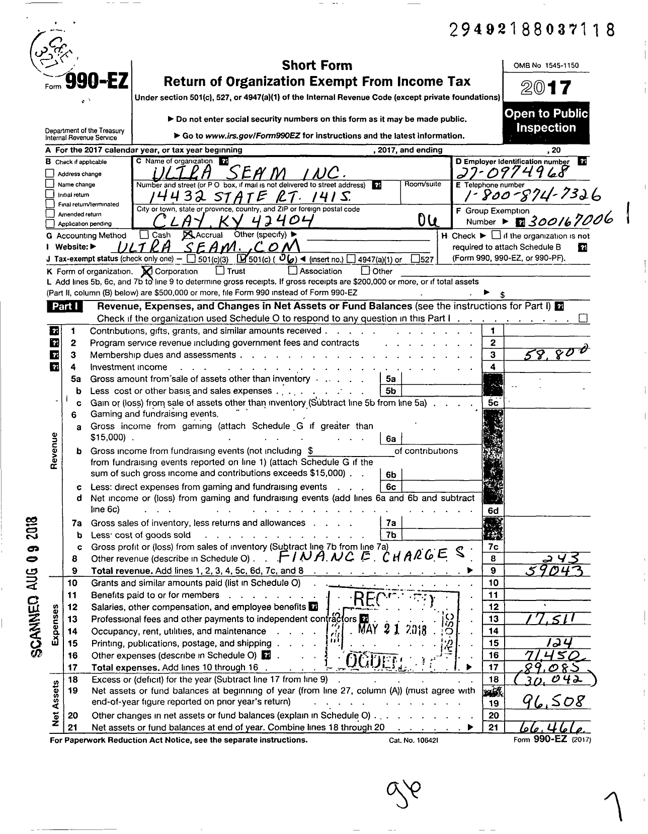 Image of first page of 2017 Form 990EO for Ultra Seam