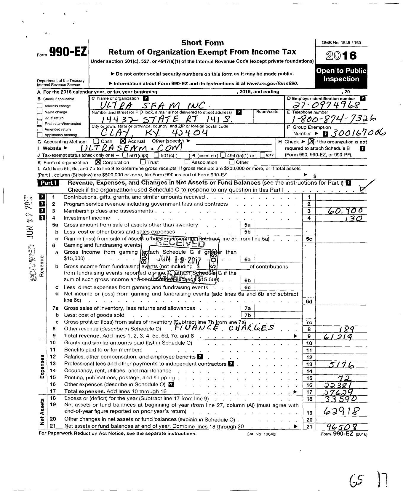 Image of first page of 2016 Form 990EO for Ultra Seam