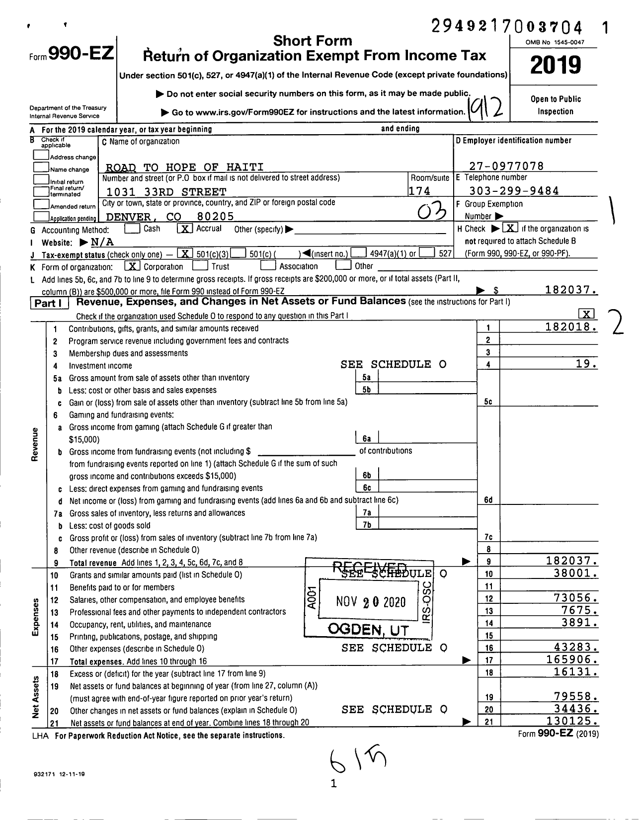 Image of first page of 2019 Form 990EZ for Road To Hope of Haiti