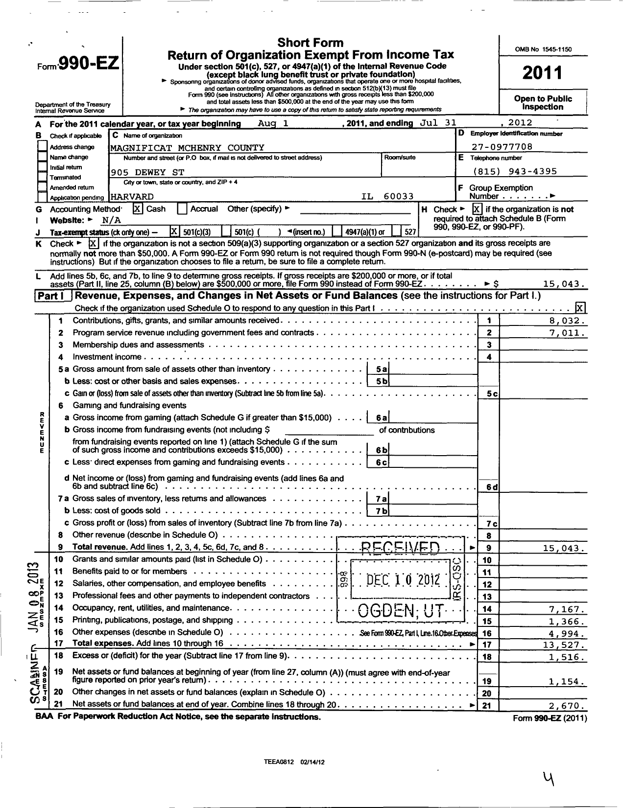 Image of first page of 2011 Form 990EZ for Magnificat Mchenry Chapter of the Diocese Rockford of Mchenry Il