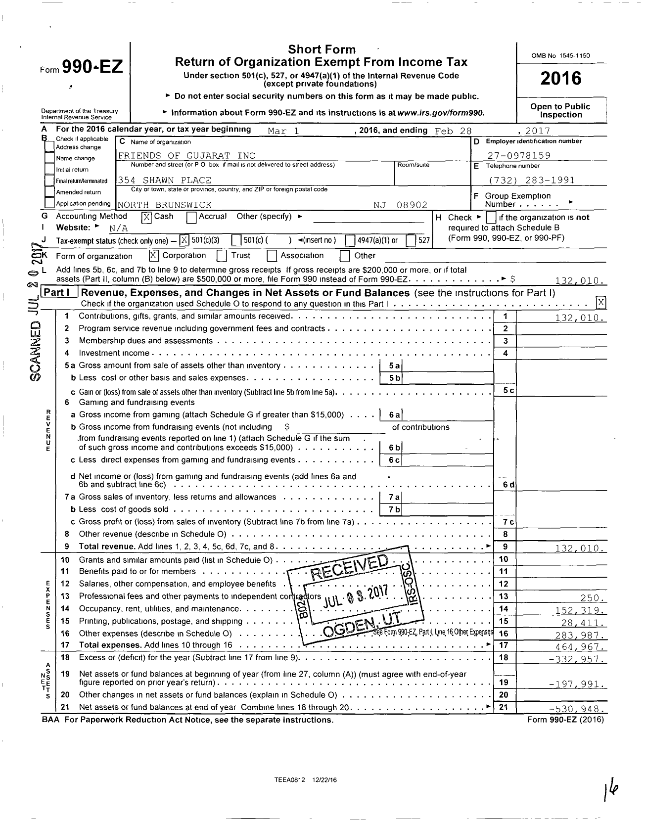 Image of first page of 2016 Form 990EZ for Friends of Gujarat