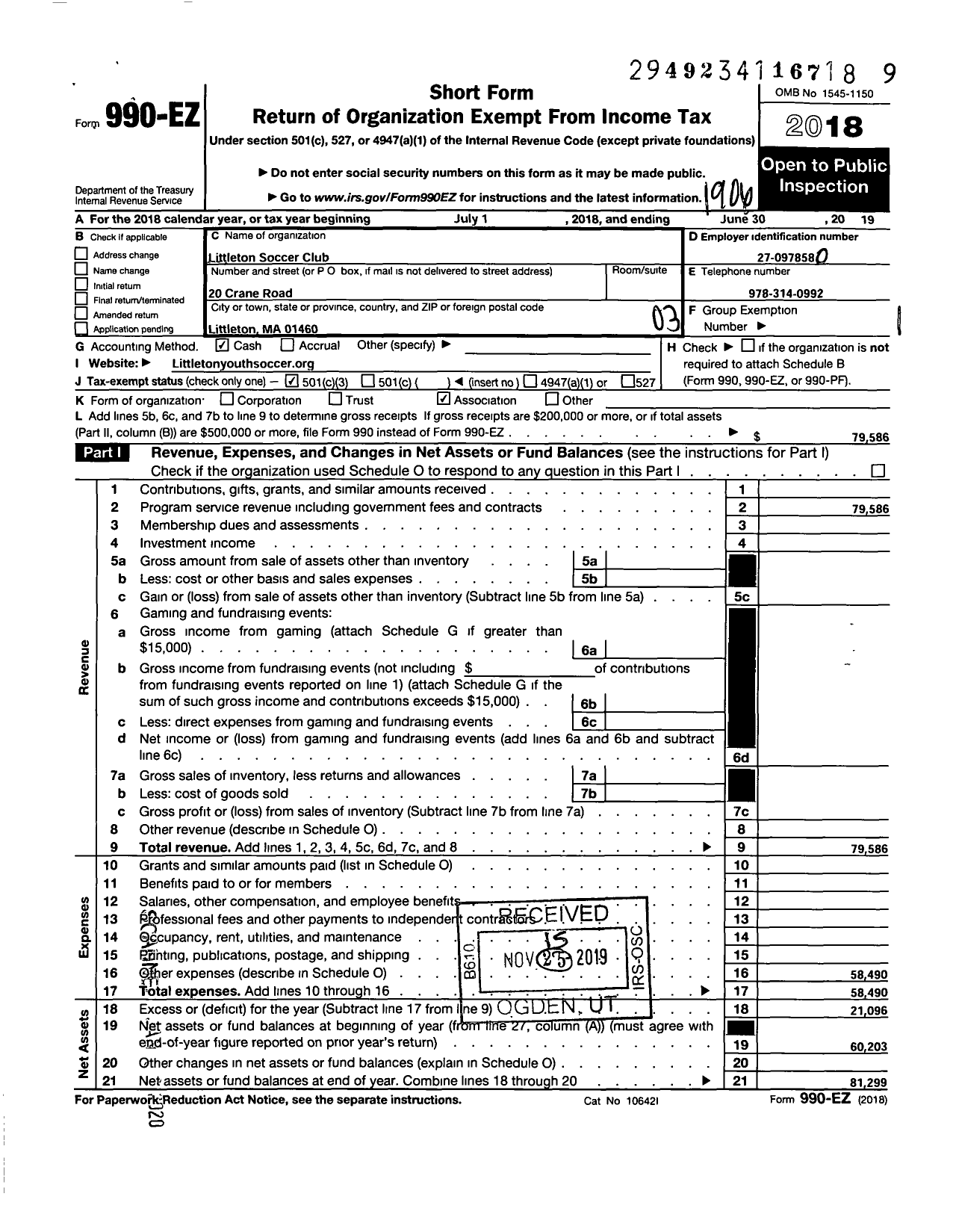 Image of first page of 2018 Form 990EZ for Littleton Soccer Club