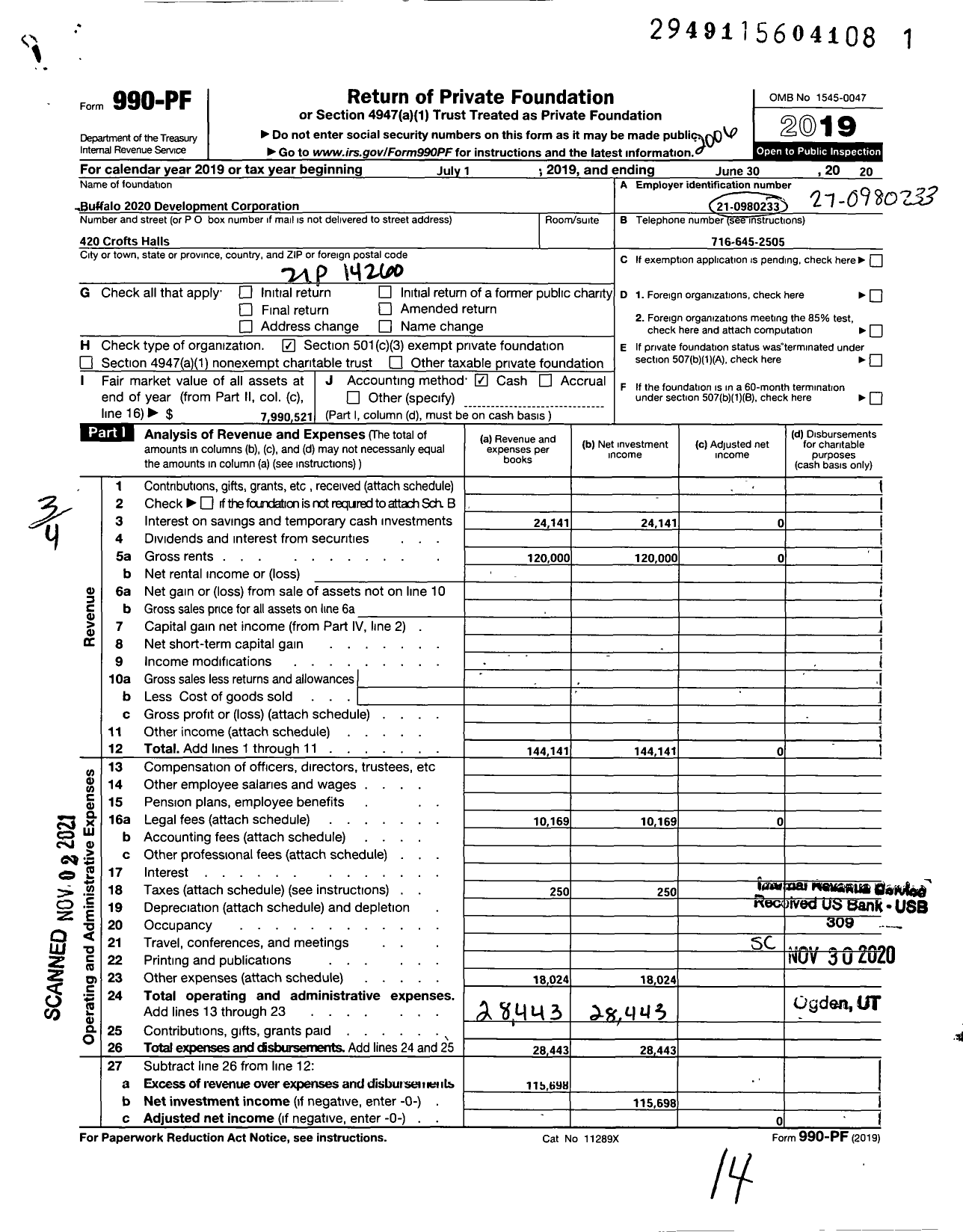 Image of first page of 2019 Form 990PF for Buffalo 2020 Development Corporation