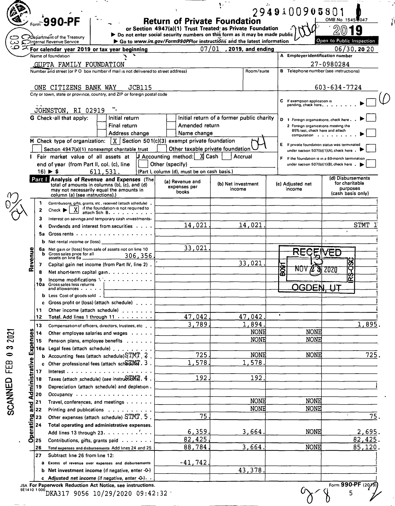 Image of first page of 2019 Form 990PF for Gupta Family Foundation