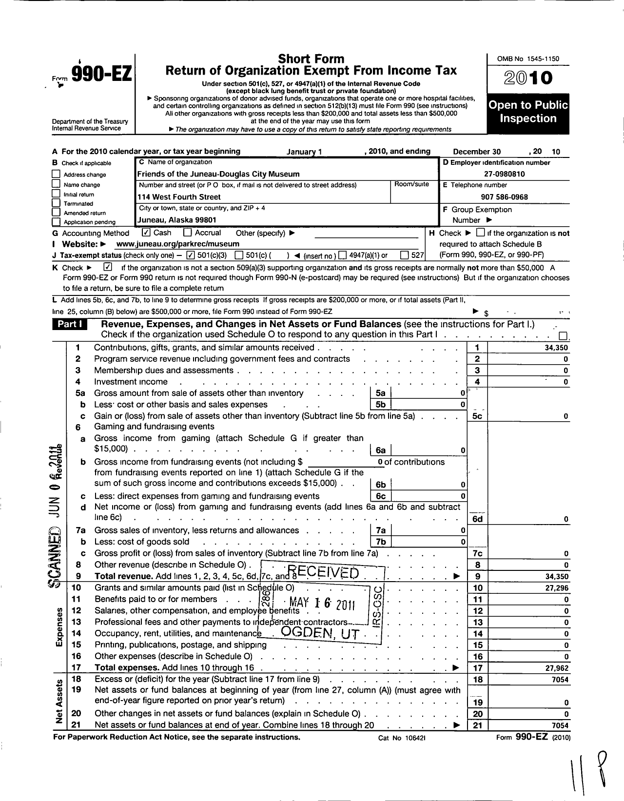 Image of first page of 2010 Form 990EZ for Friends of the Juneau-Douglas City Museum