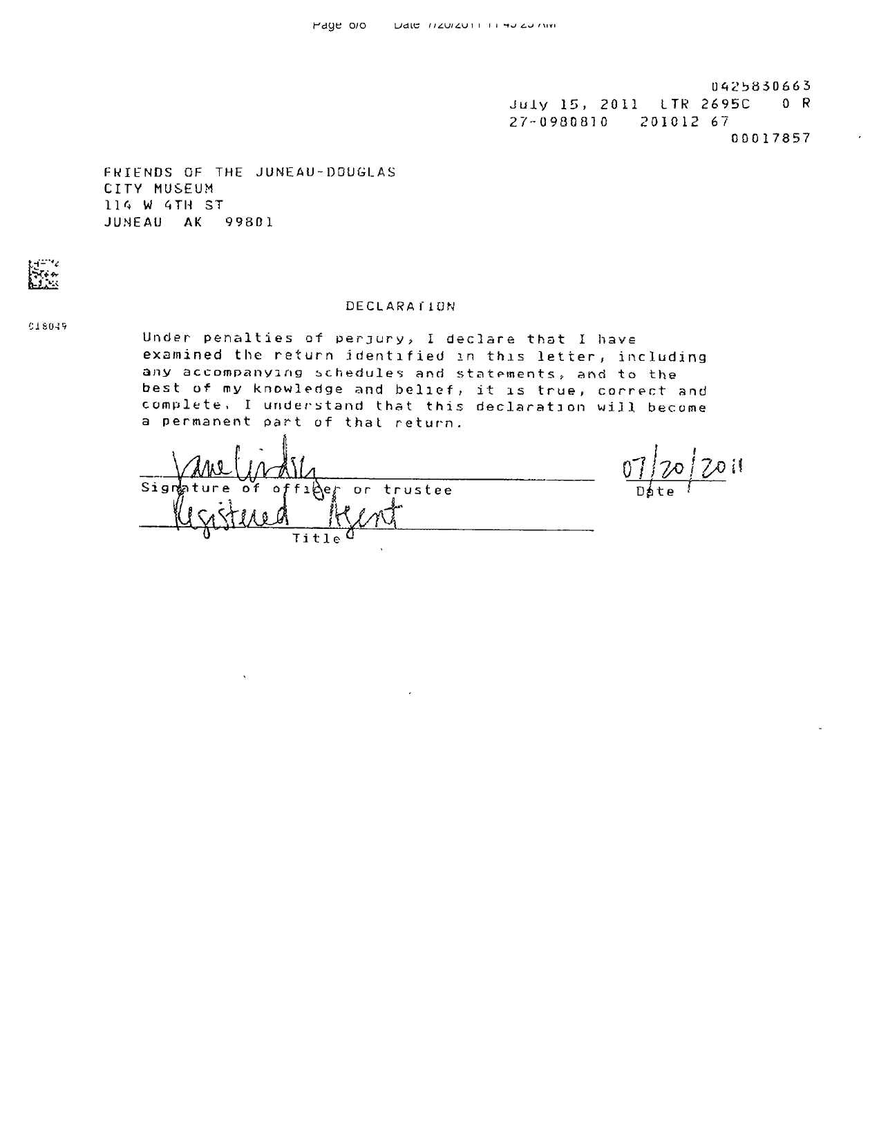 Image of first page of 2010 Form 990ER for Friends of the Juneau-Douglas City Museum