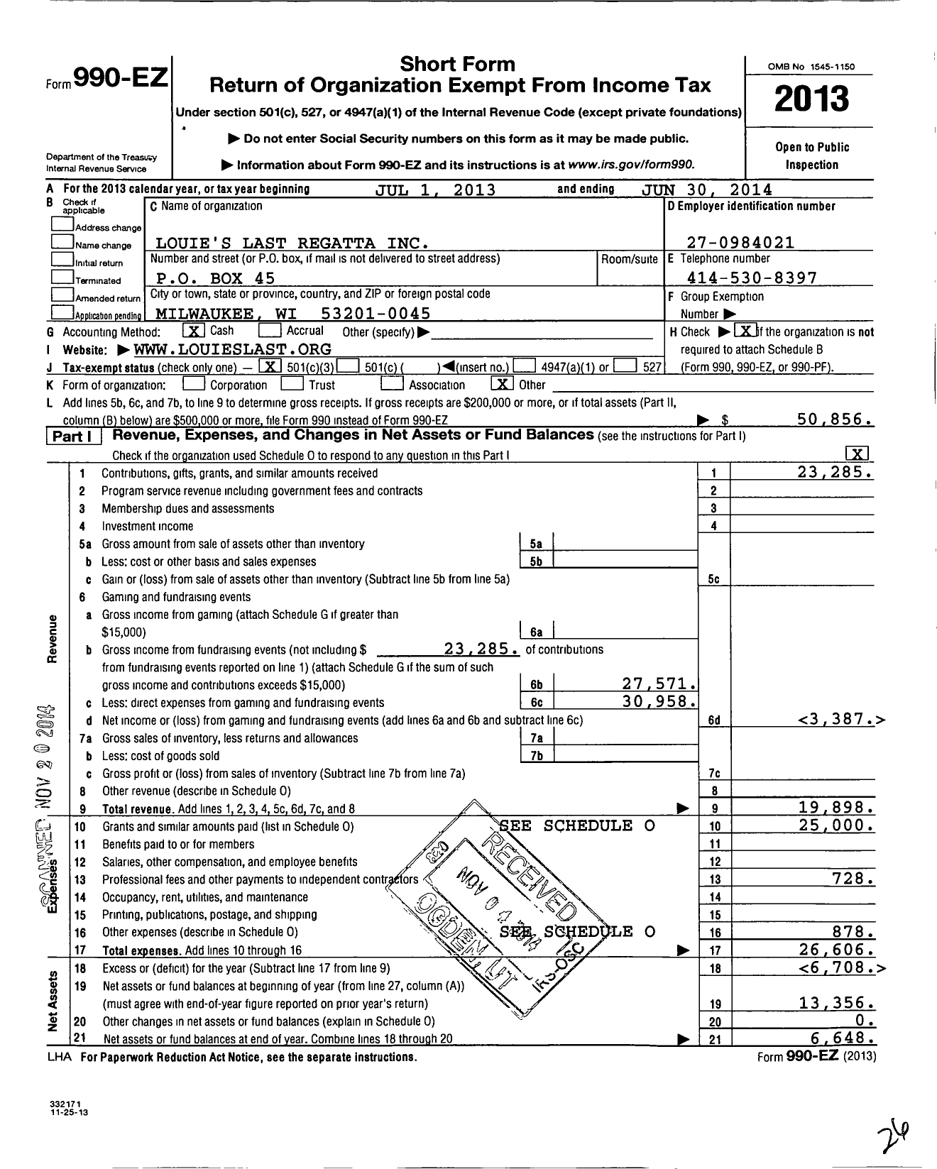 Image of first page of 2013 Form 990EZ for Louies Last Regatta