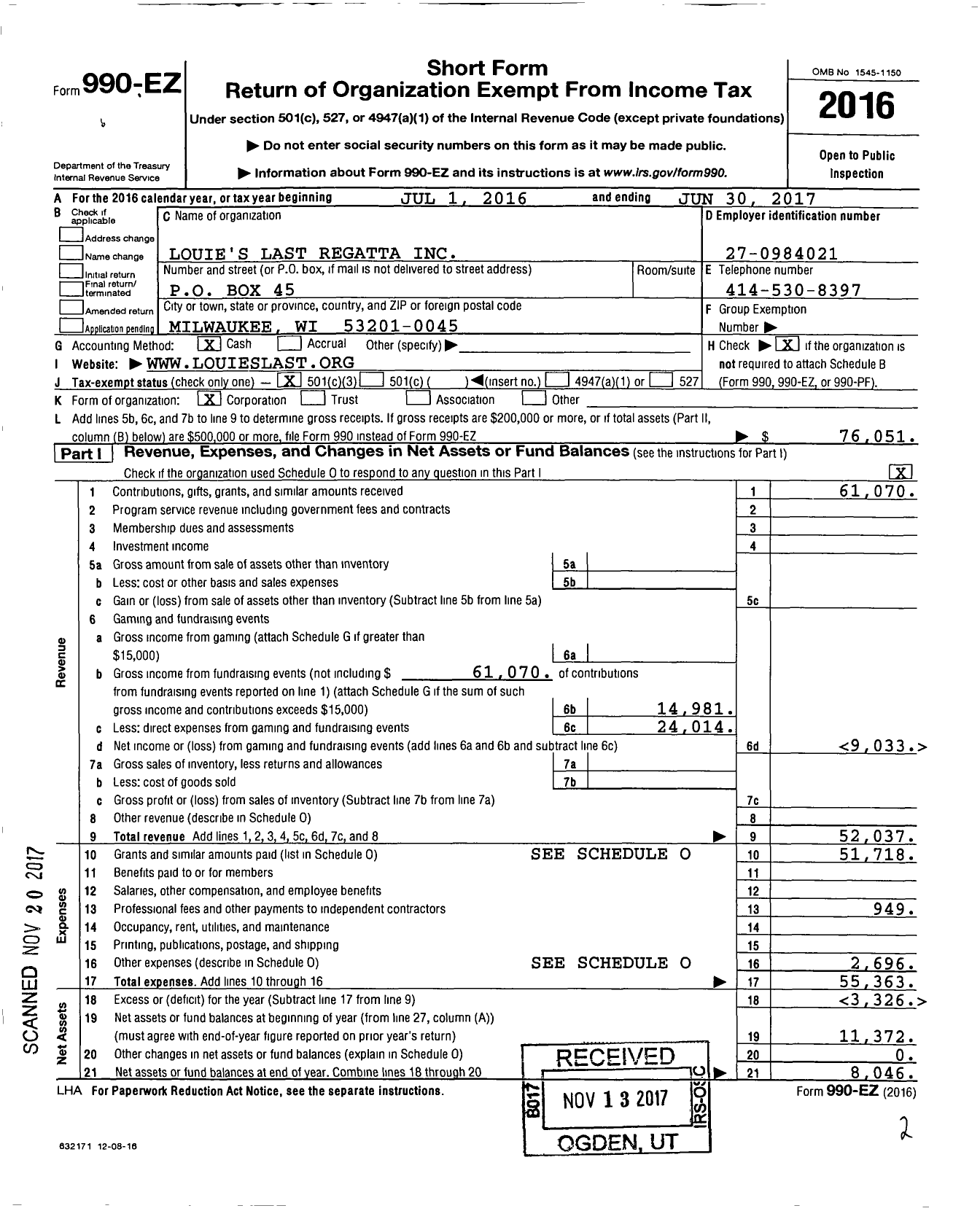 Image of first page of 2016 Form 990EZ for Louies Last Regatta