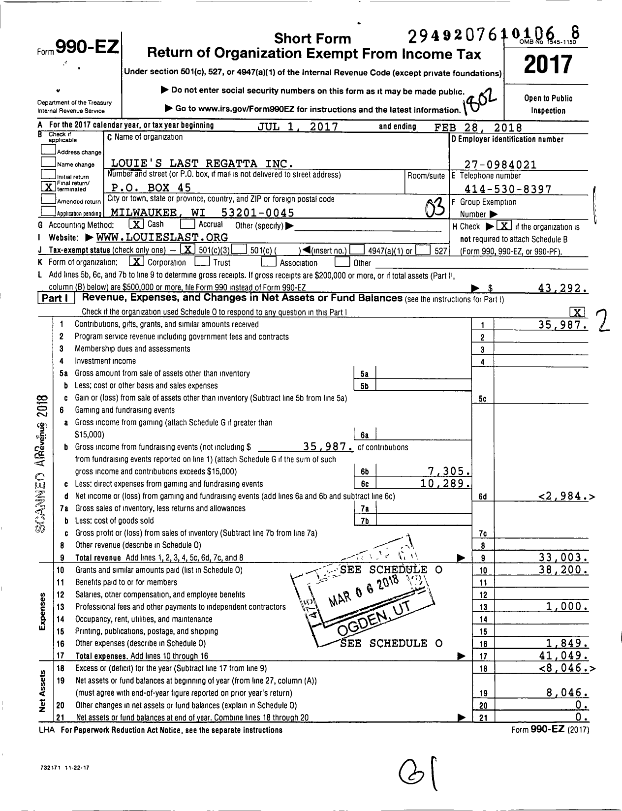 Image of first page of 2017 Form 990EZ for Louies Last Regatta